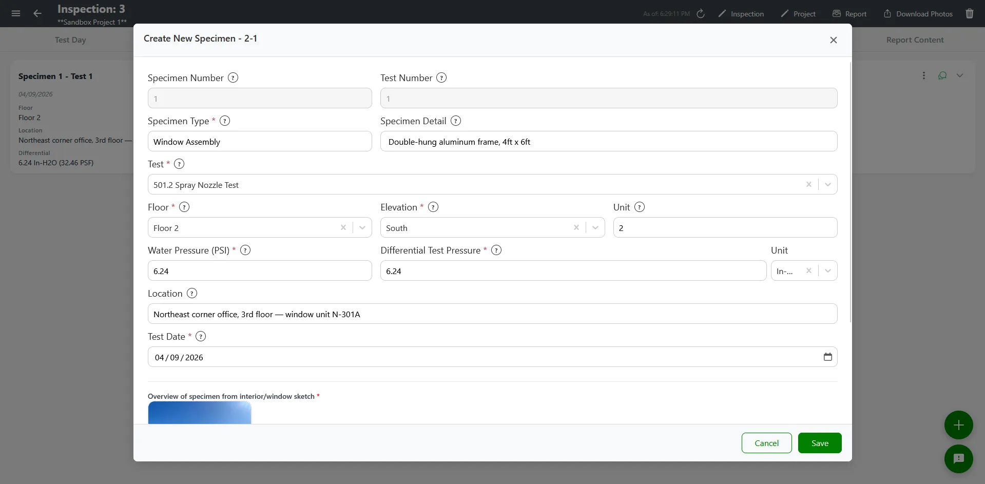 Add Specimen modal with Test Number, Type, Floor, and Water Pressure fields