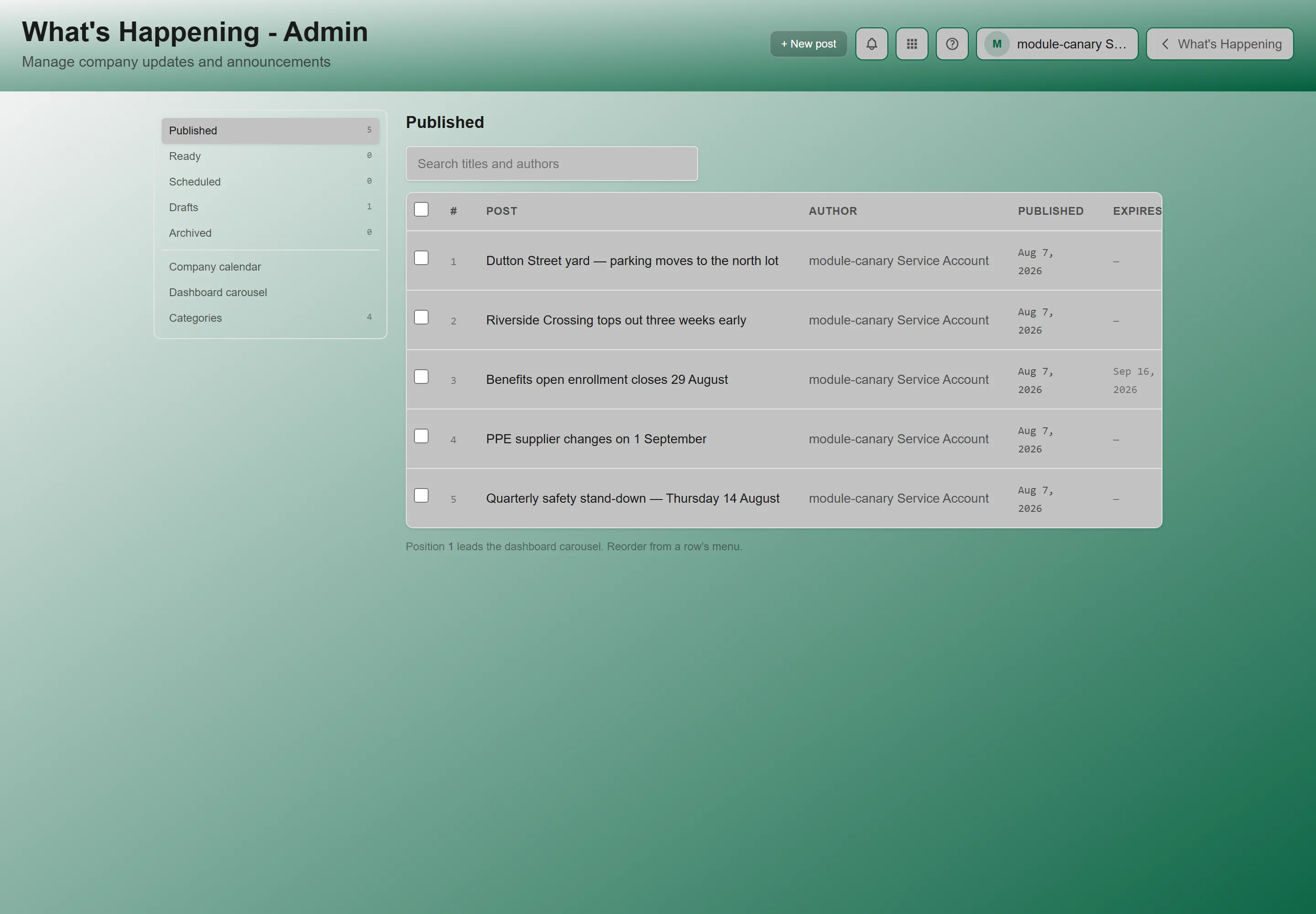 What’s Happening Admin showing the announcement list with its status counts