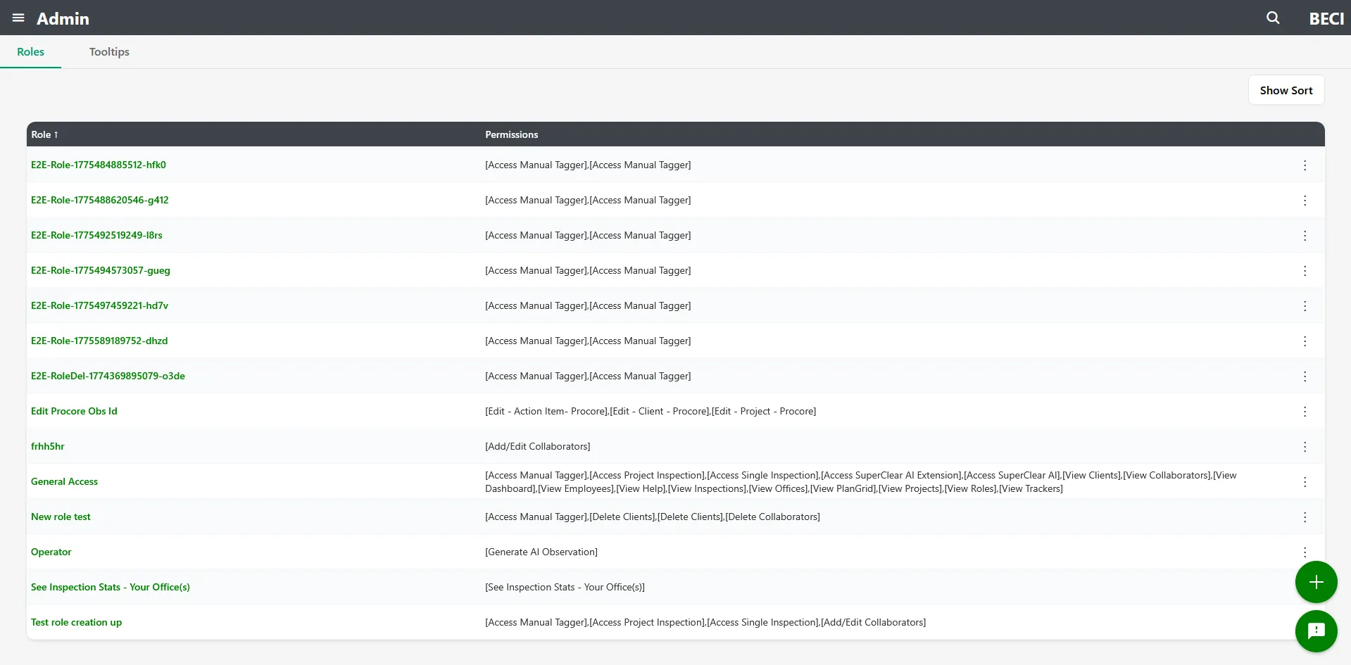 Admin screen Roles tab showing list of existing roles