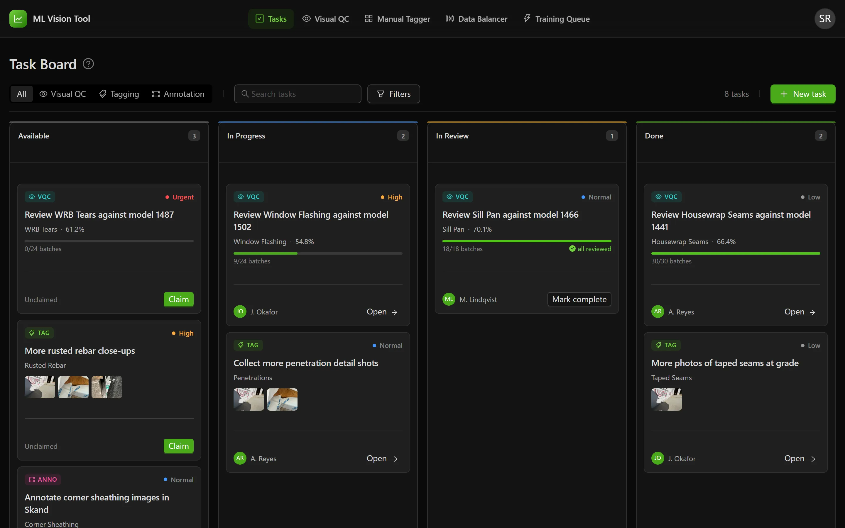 The Task Board with its Available, In Progress, In Review and Done columns, each holding task cards showing a type badge, priority, title and either a progress bar or example photos