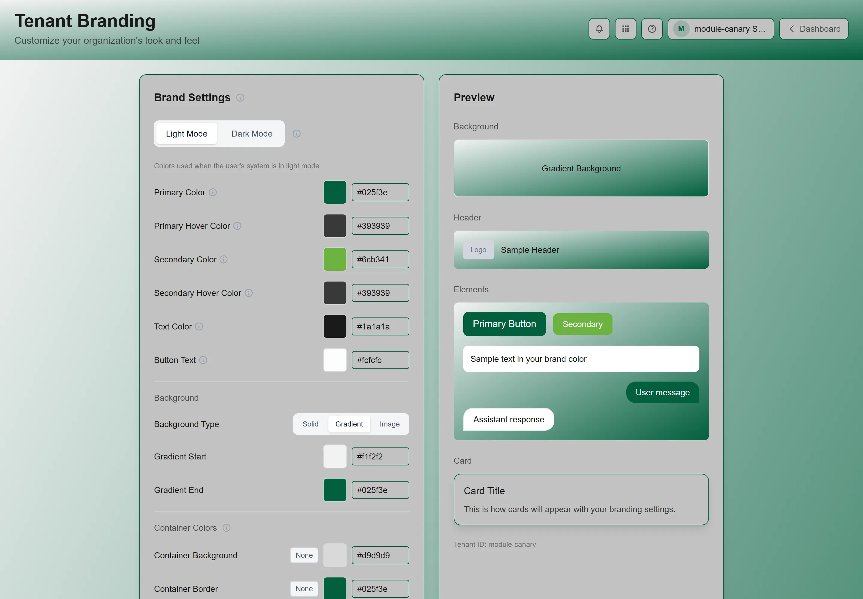 Tenant Branding showing logo upload, colour pickers and theme controls