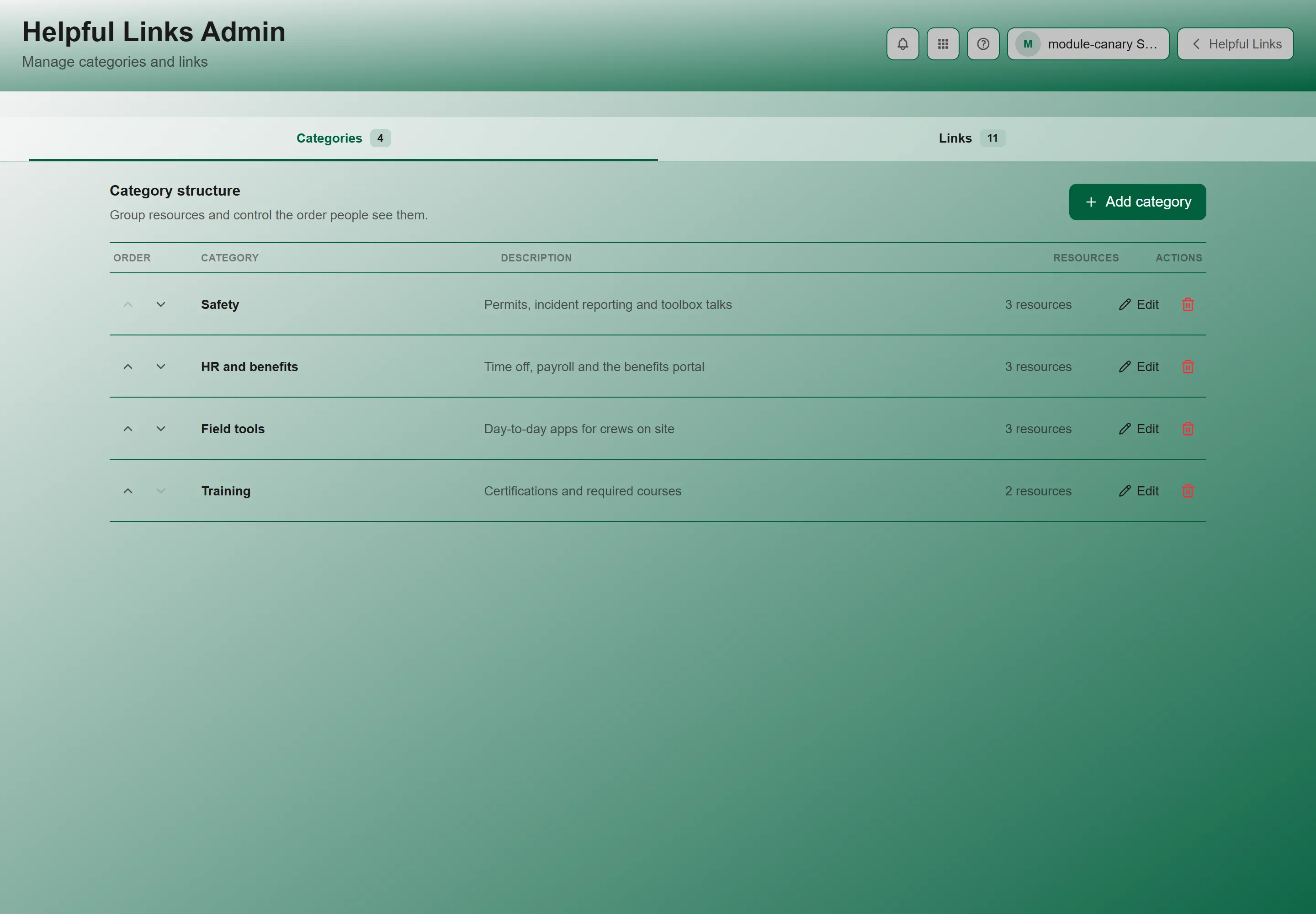 Helpful Links Admin on the Categories tab, showing the category list