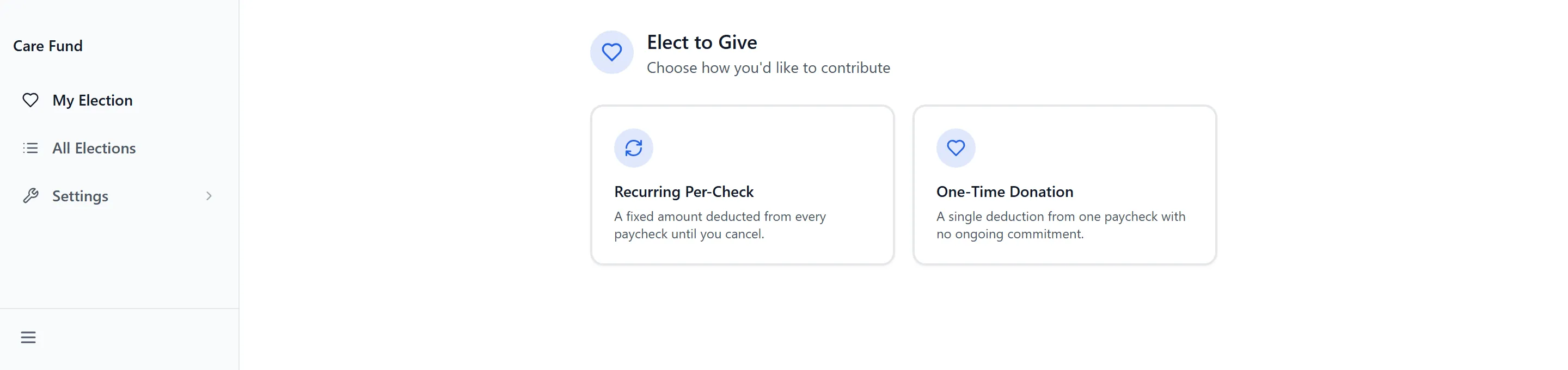 The Care Fund election page before enrolling, offering a recurring per-check deduction or a one-time donation