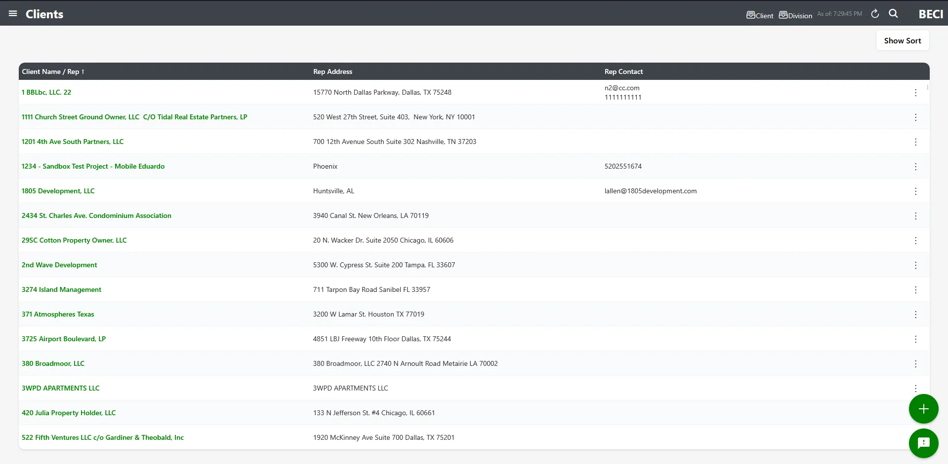 Clients screen showing table with Client Name, Rep Address, and Rep Contact columns