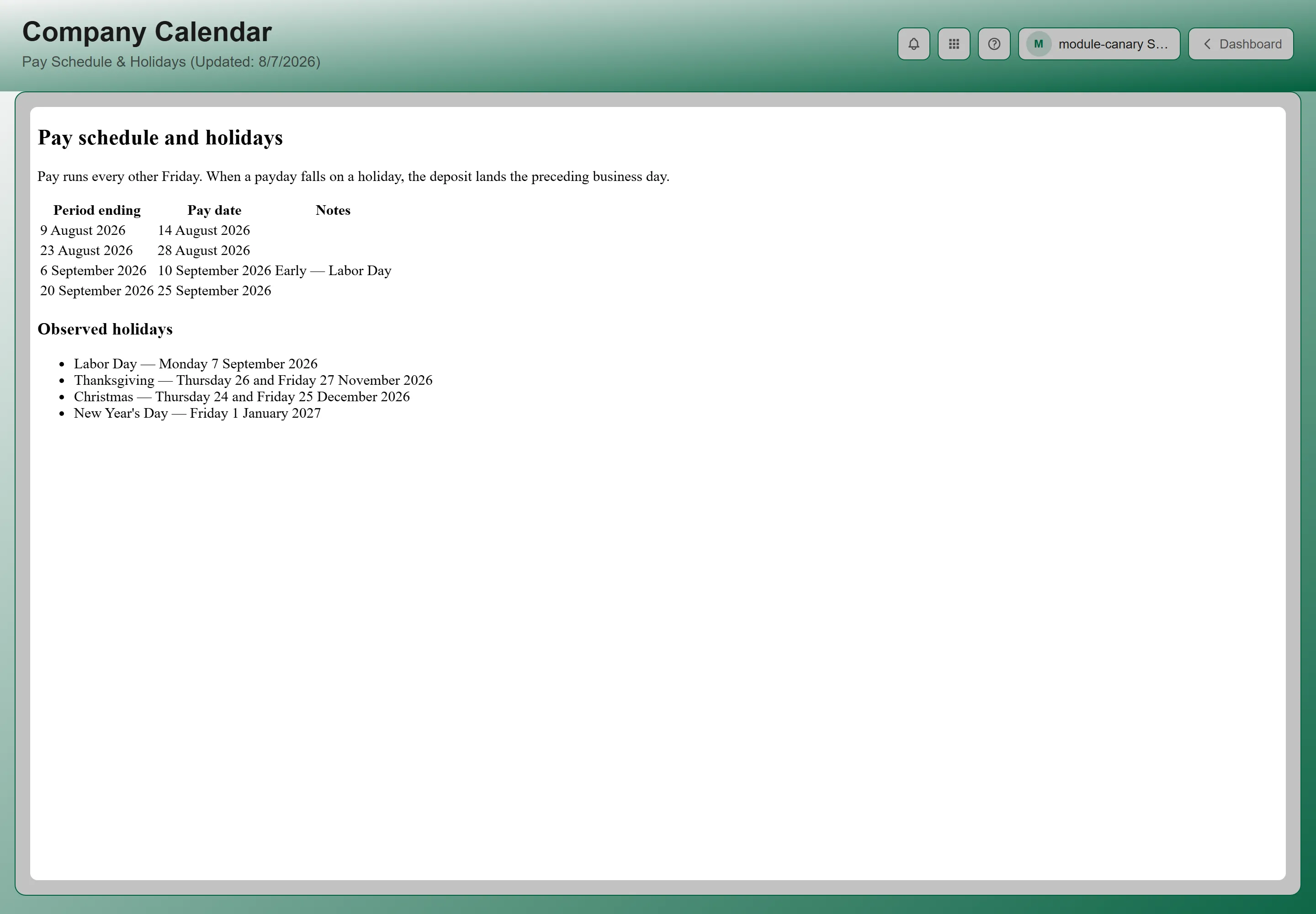The Company Calendar page showing the pay schedule table and the observed holidays list