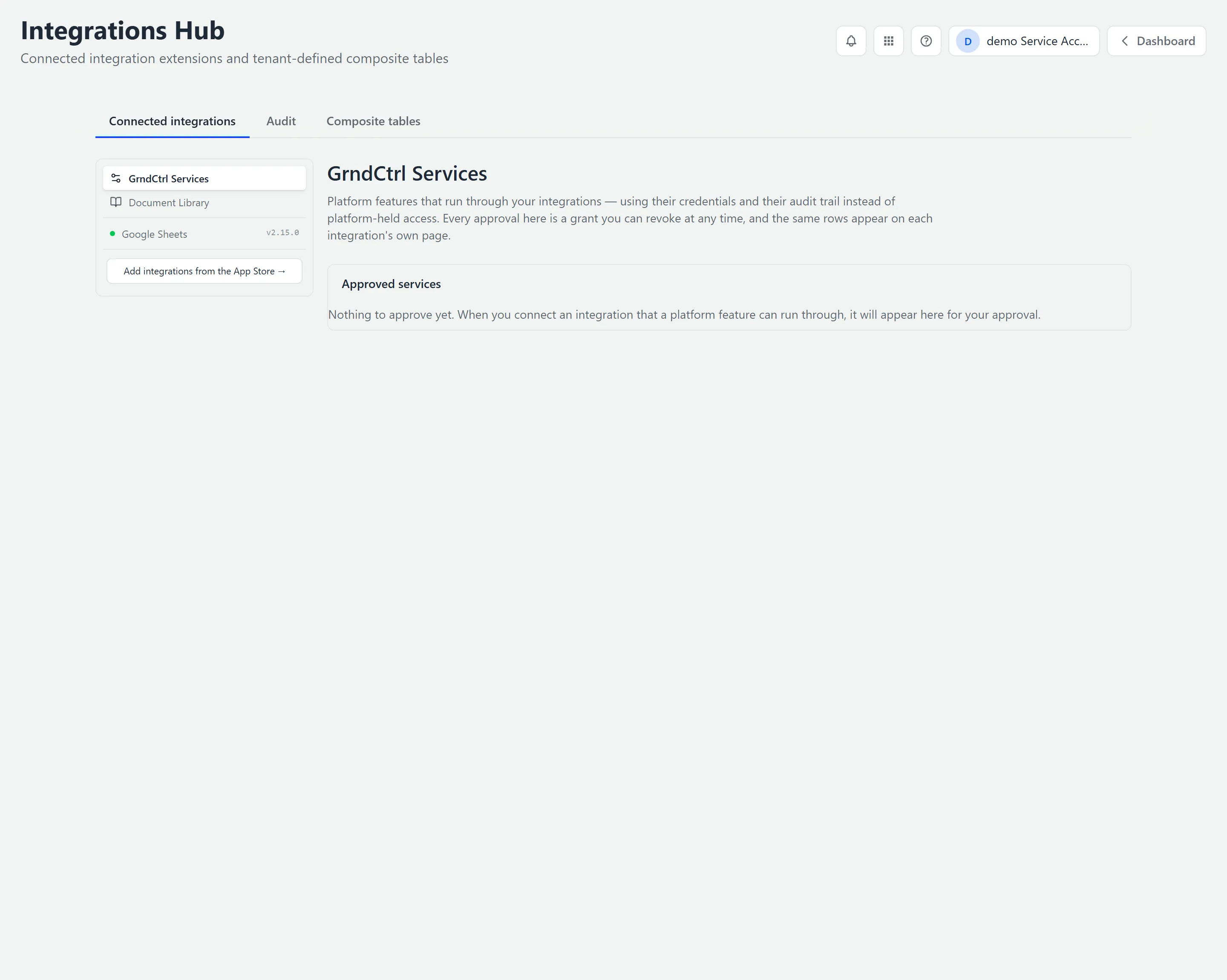 The Integrations Hub on Connected integrations, showing the GrndCtrl Services rail