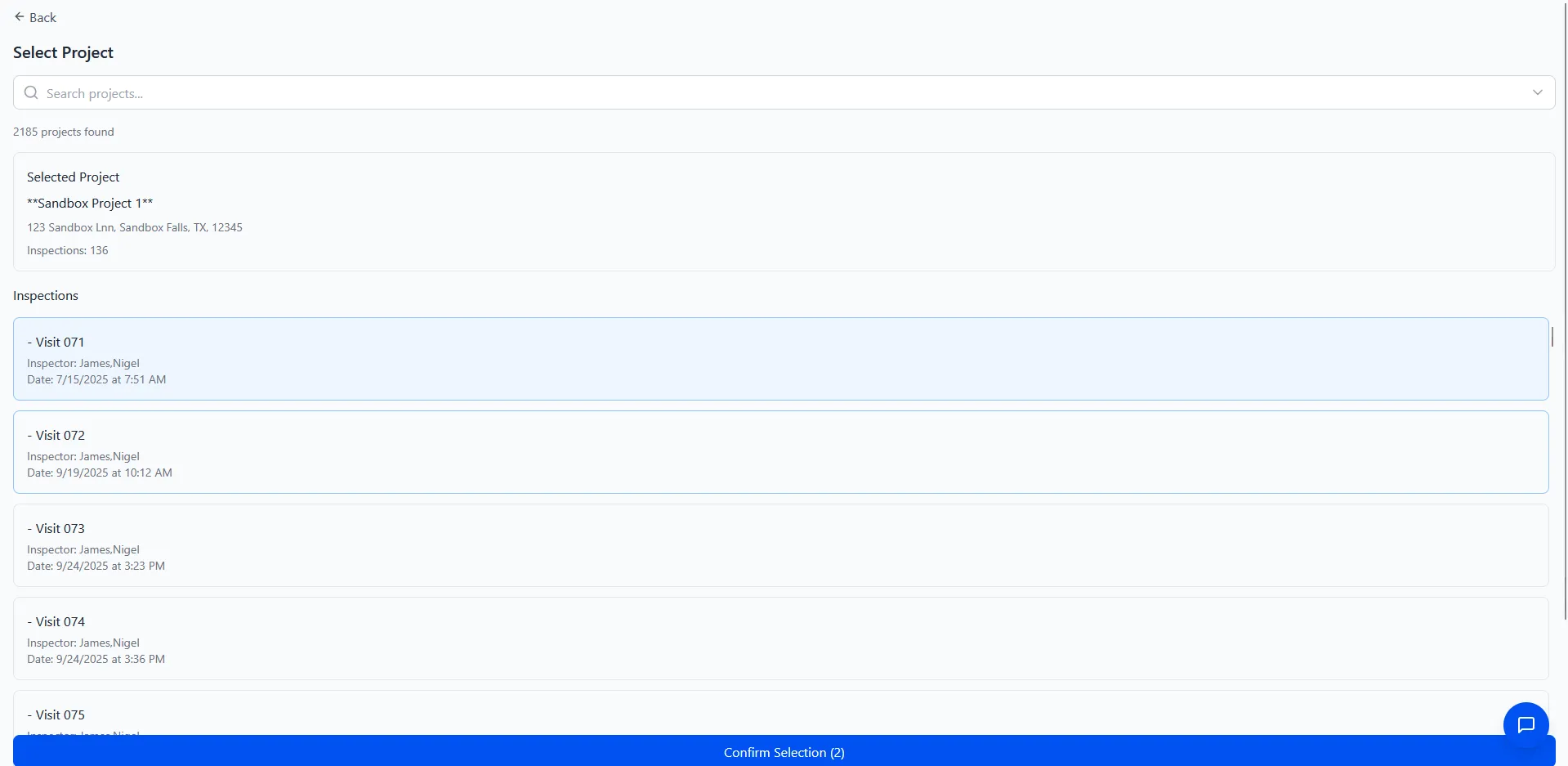 Create New Inspection modal with Project, Inspection Name, and Date fields