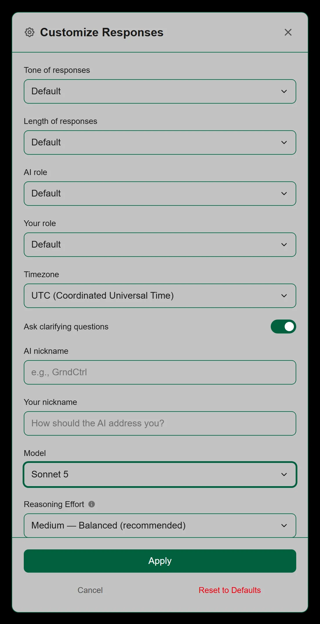 The Customize Responses panel with Model set to Sonnet 5, so the Reasoning Effort control is shown