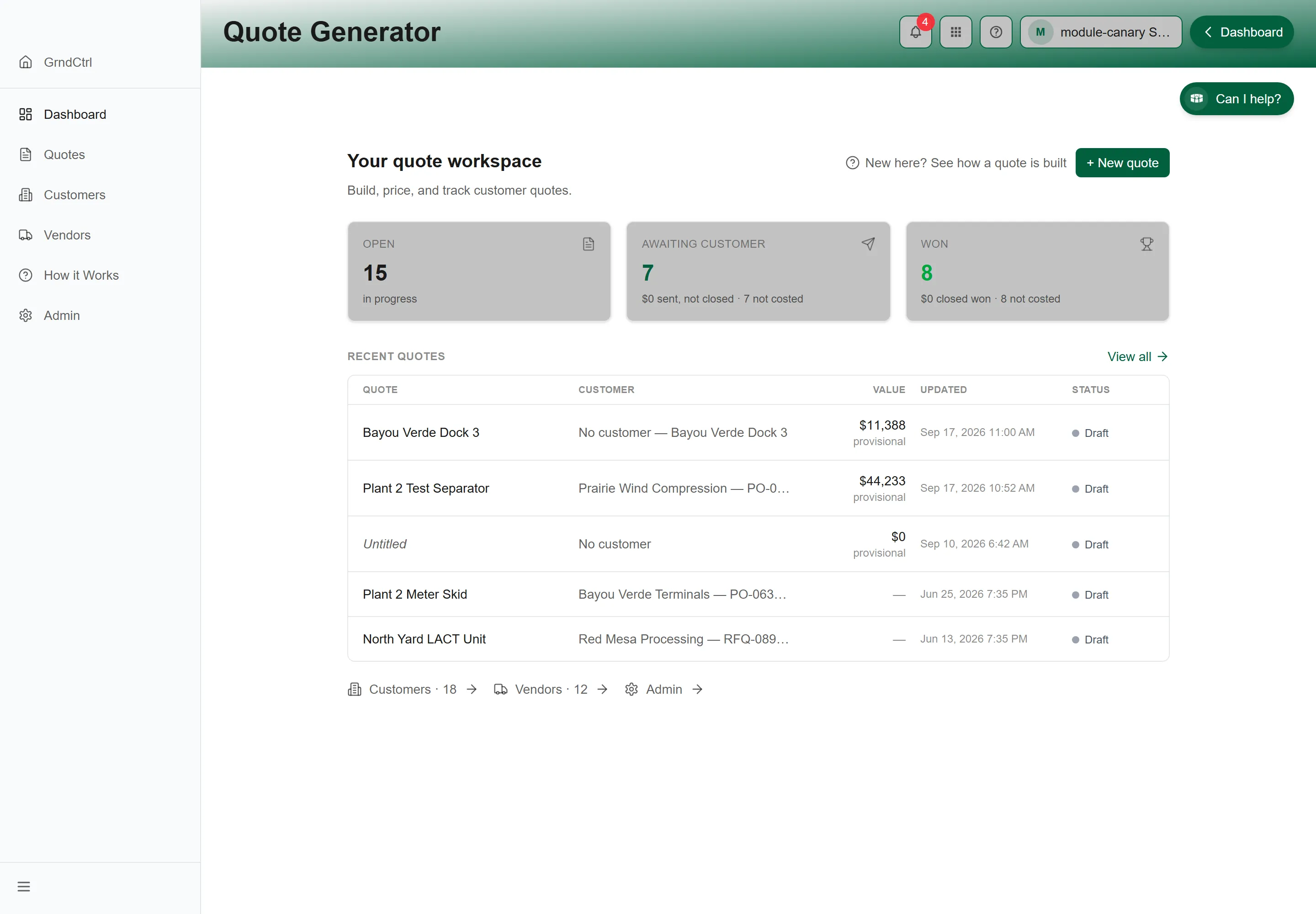 The Quote Generator workspace showing the sidebar and KPI cards
