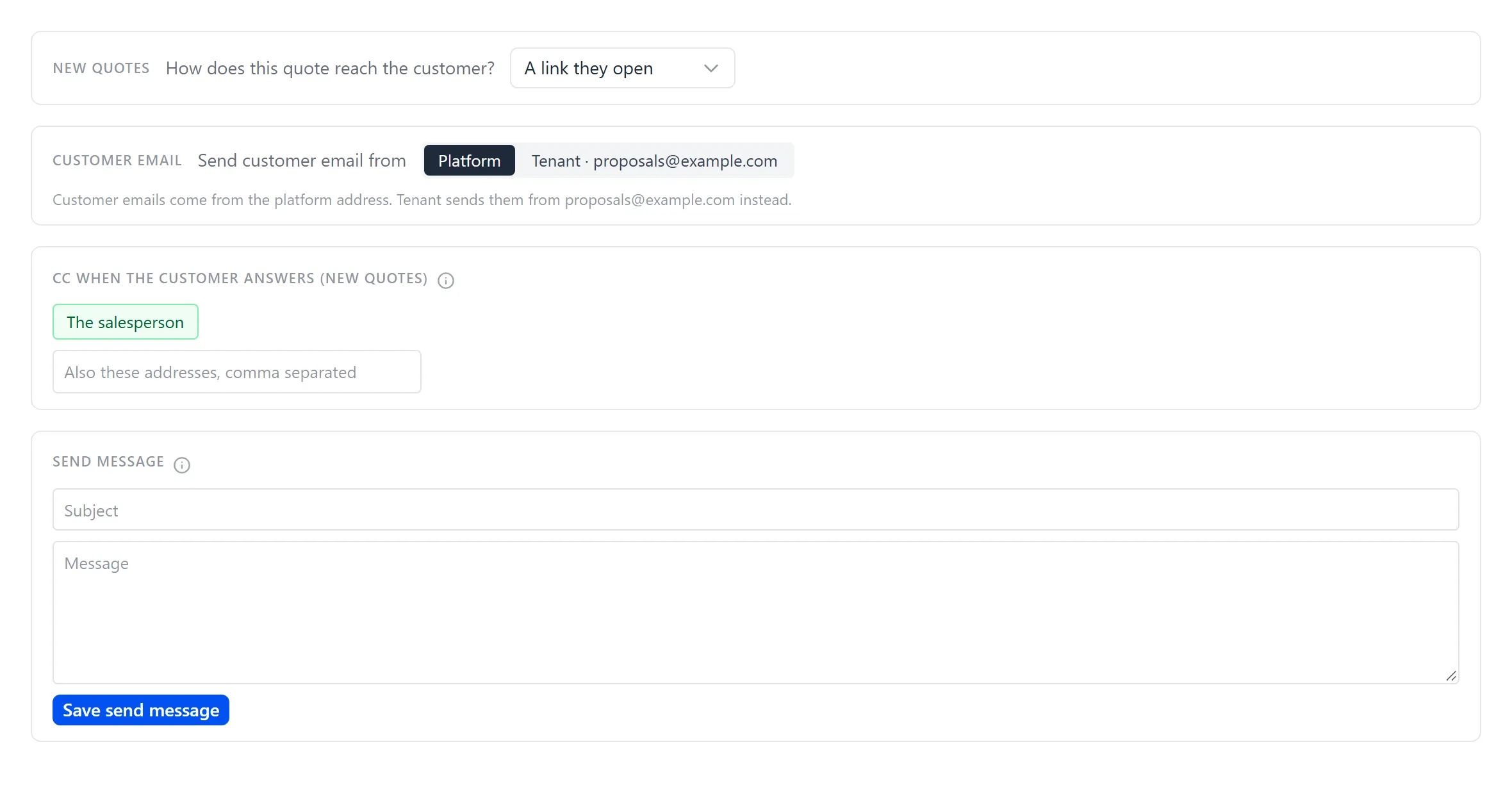 The Delivery tab in Quote Generator’s Admin: the new quotes default, Send customer email from Platform or Tenant, Cc when the customer answers, and the send message