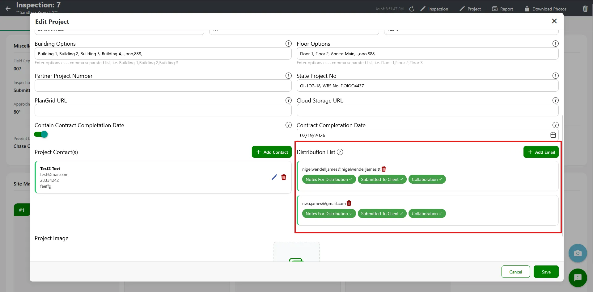 Distribution List section with Add Email button and email cards with tag buttons
