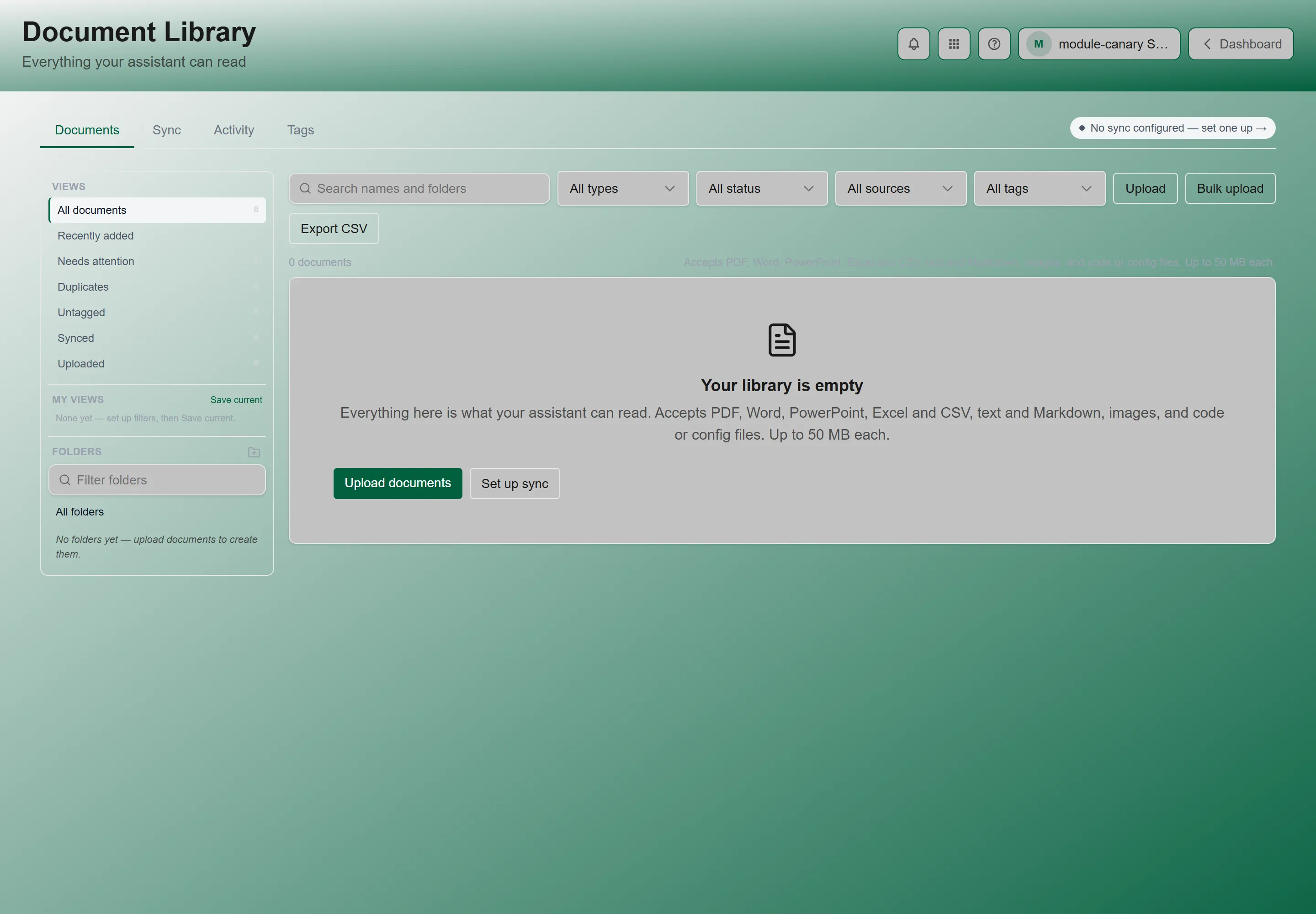 The Document Library on the Documents tab, with the views and folders rail beside the document list