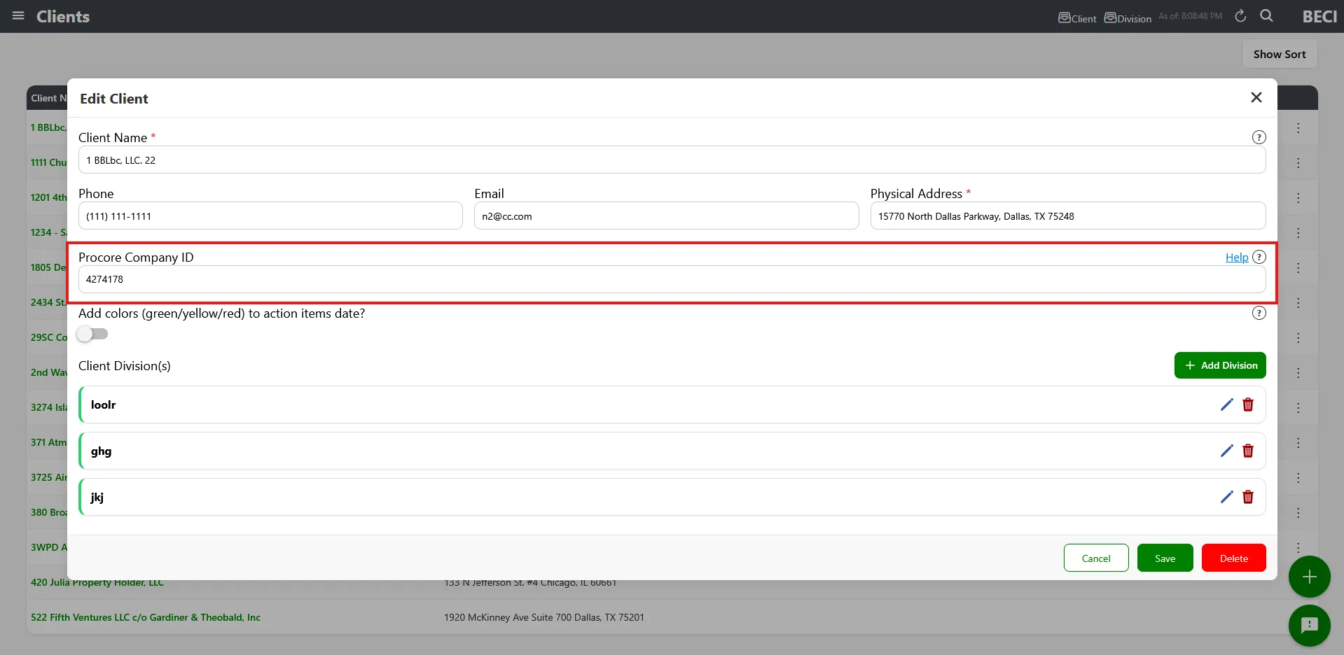 Edit Client modal with Procore Company ID field