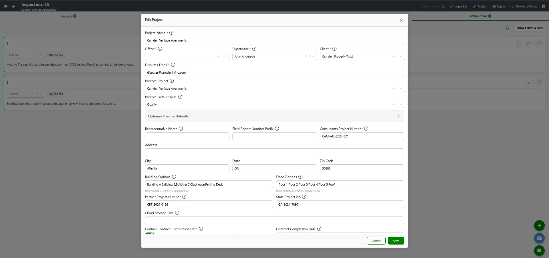 Edit Project modal showing Procore Project dropdown and Procore Default Type