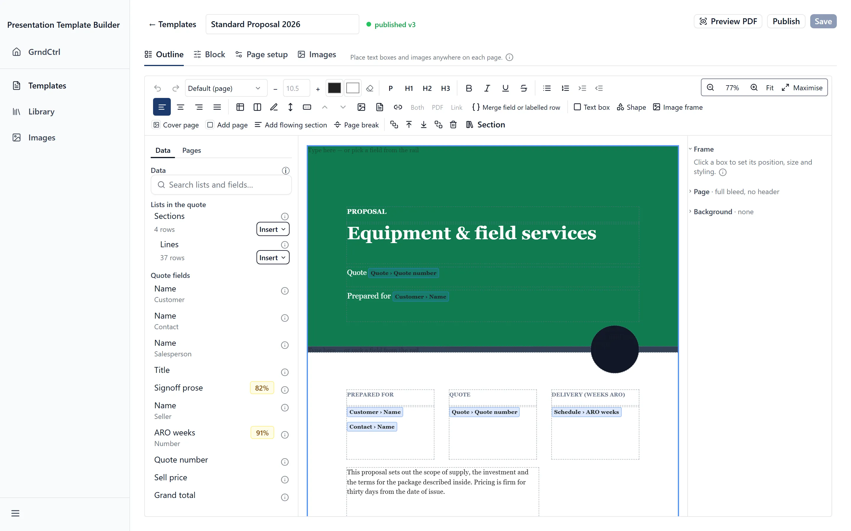 The template editor on the Outline tab, with the document’s pages on the canvas, the fields rail on the left and the selection inspector on the right