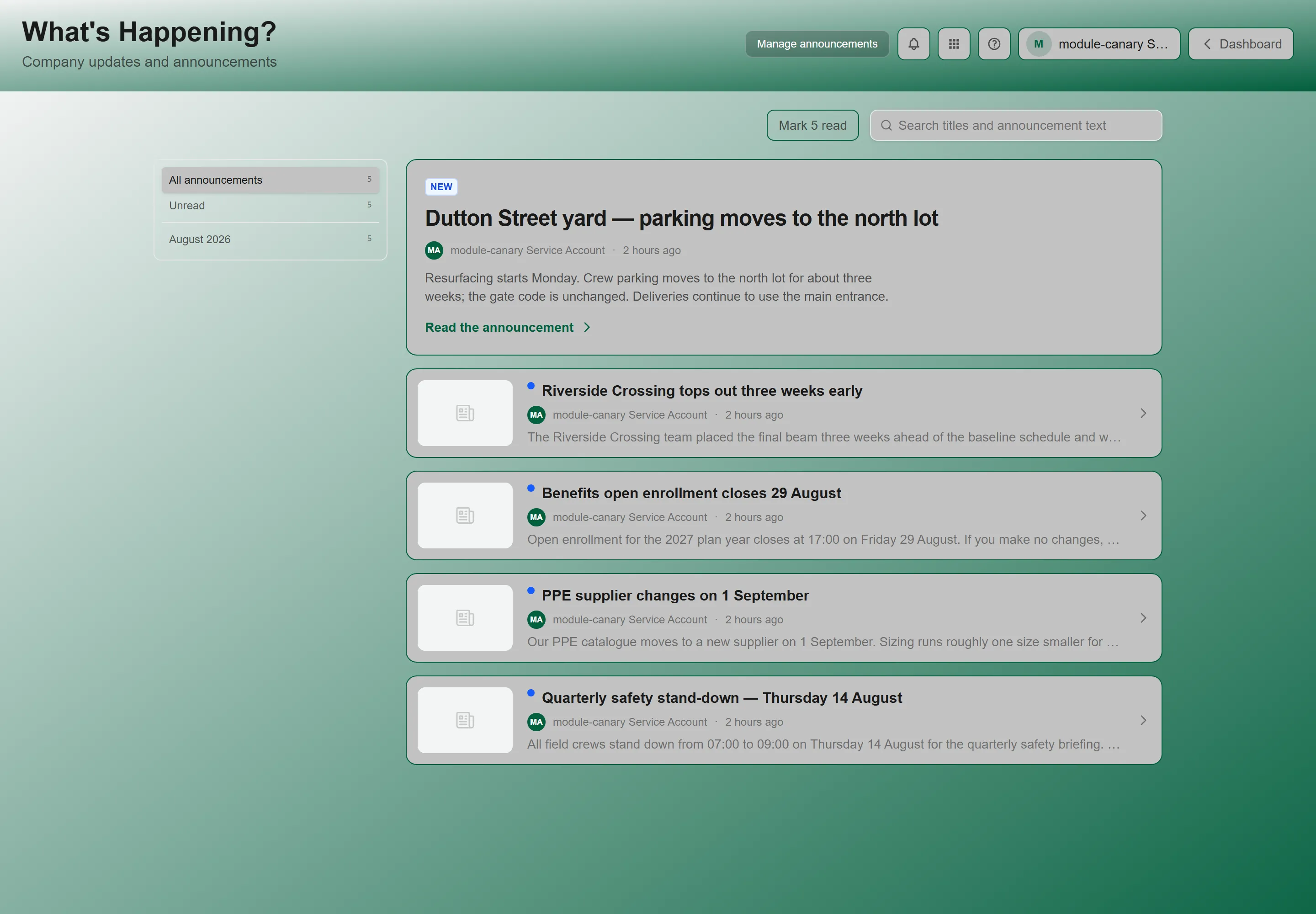 The What’s Happening feed showing announcement cards with titles, authors and dates