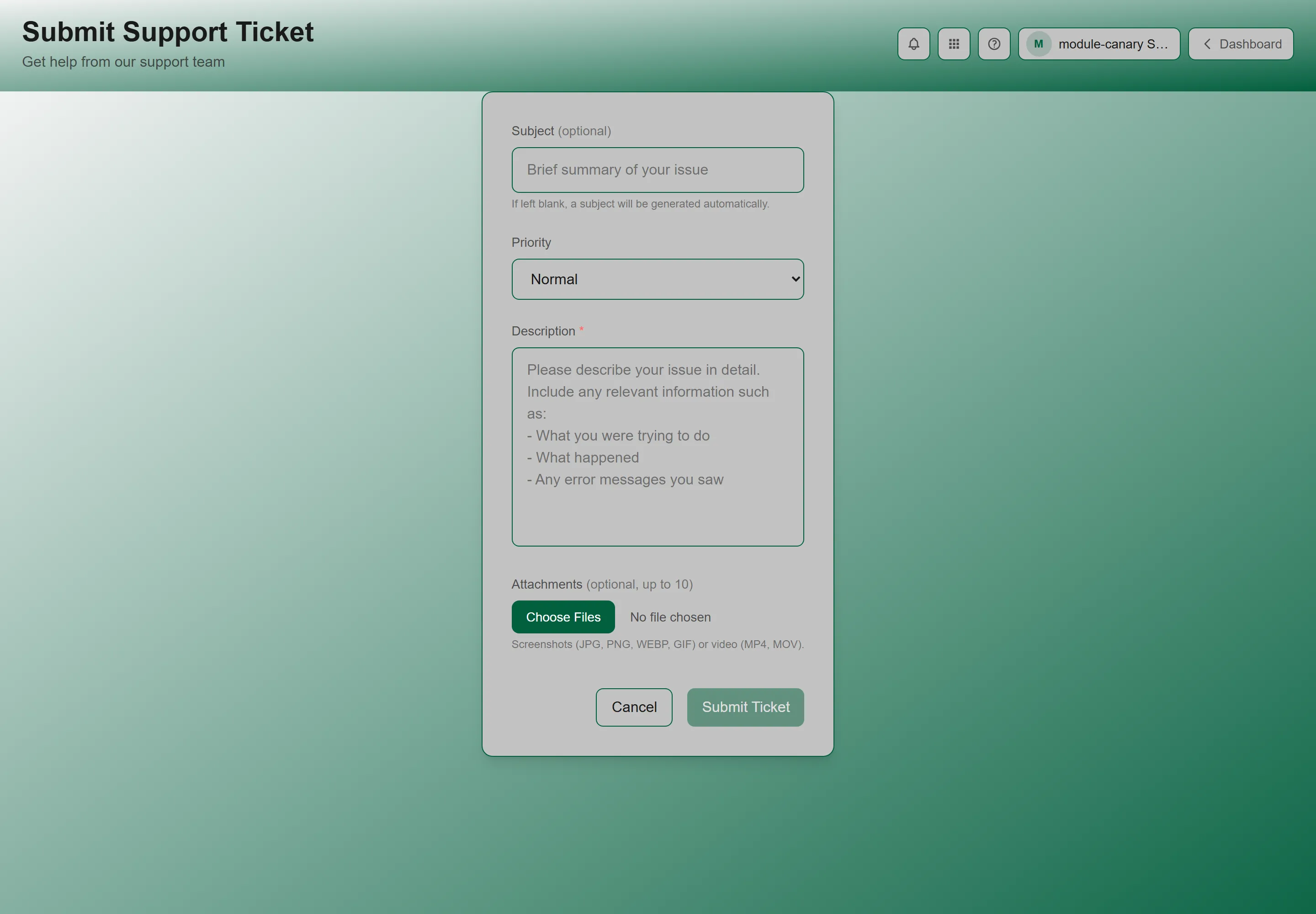 The Submit Support Ticket form showing the Subject and Description fields