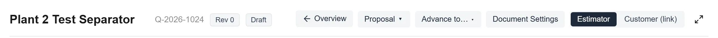 The header row on a draft quote’s lines: the name, number, Rev 0 and Draft, then Overview, Proposal, Advance to and Document Settings beside the Estimator and Customer (link) switch and Maximize