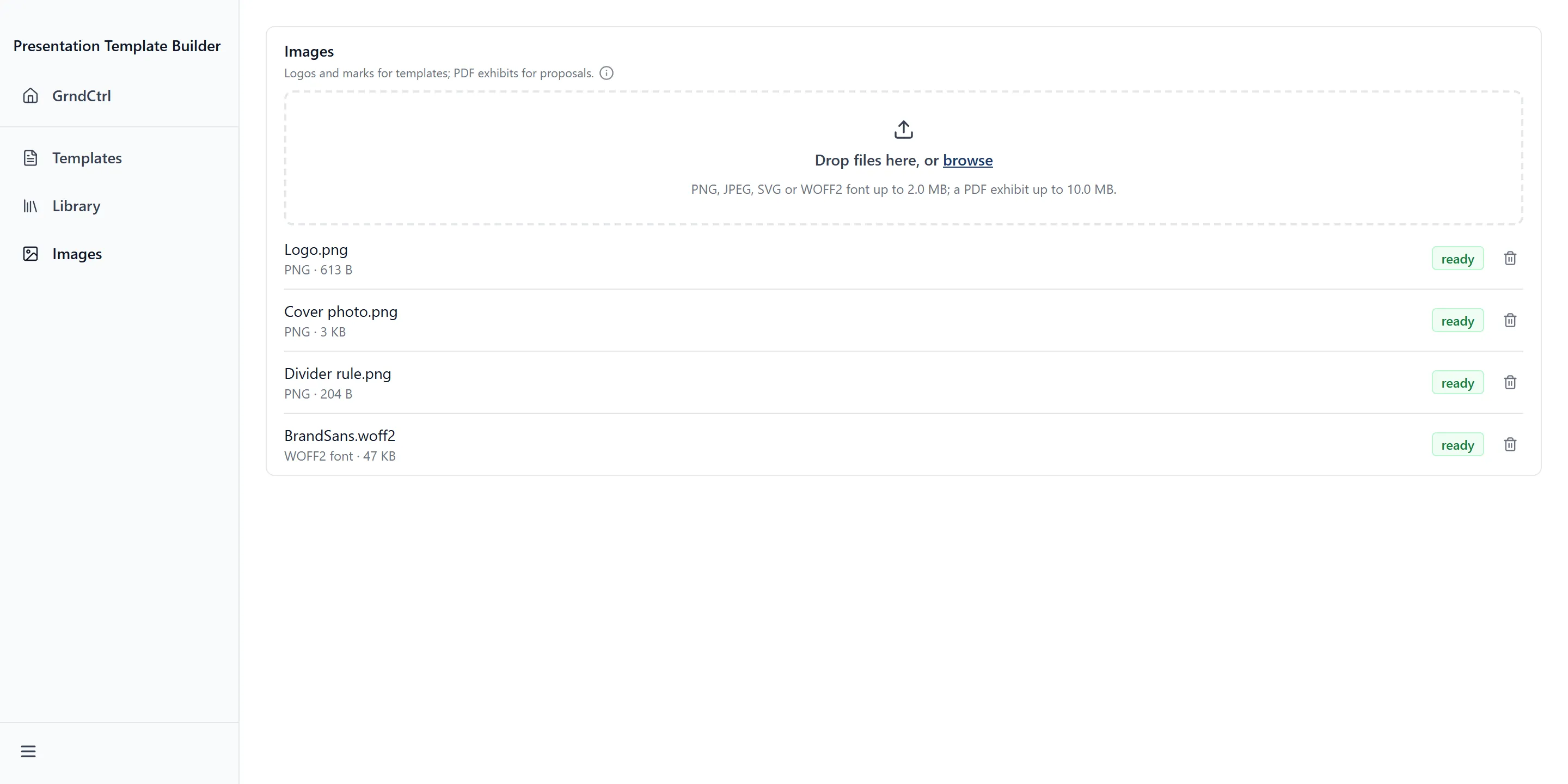 The shared image library, with the upload control above a list of uploaded pictures and a brand font, each showing its type, size and a ready badge