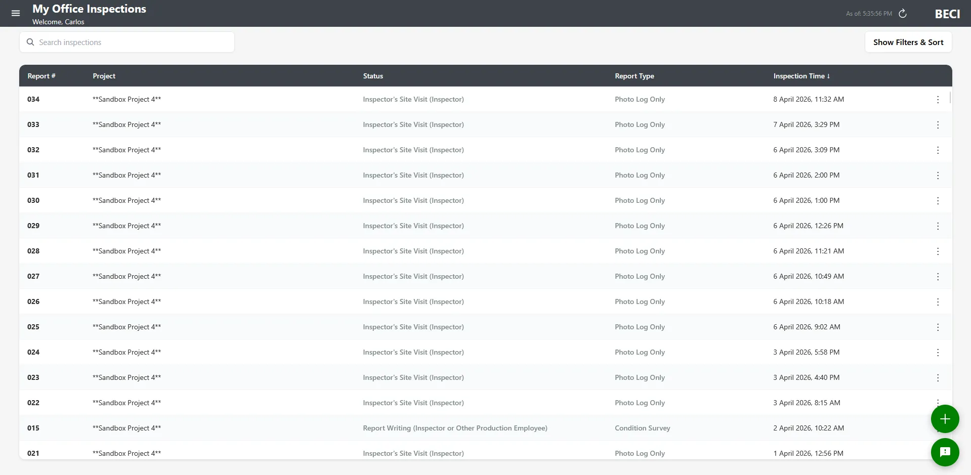 My Inspections screen showing the inspections list with Report, Project, Status, and Report Type columns