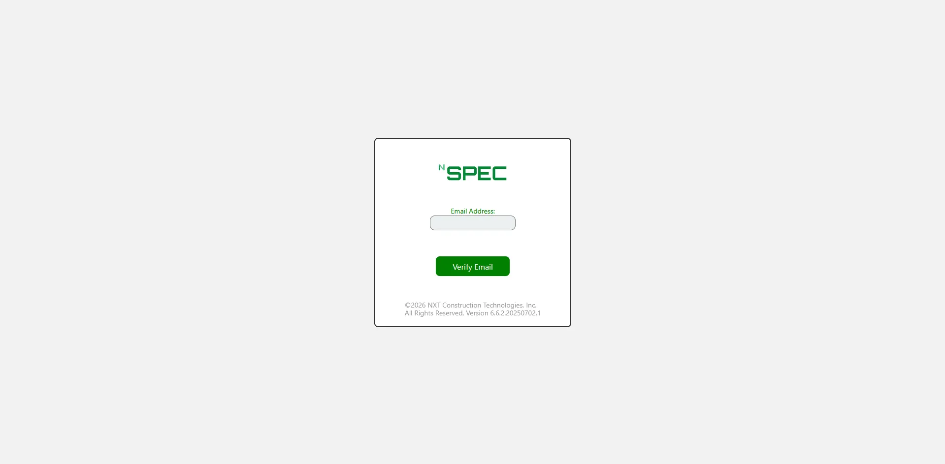 nSpec sign-in screen with email field and Verify Email button