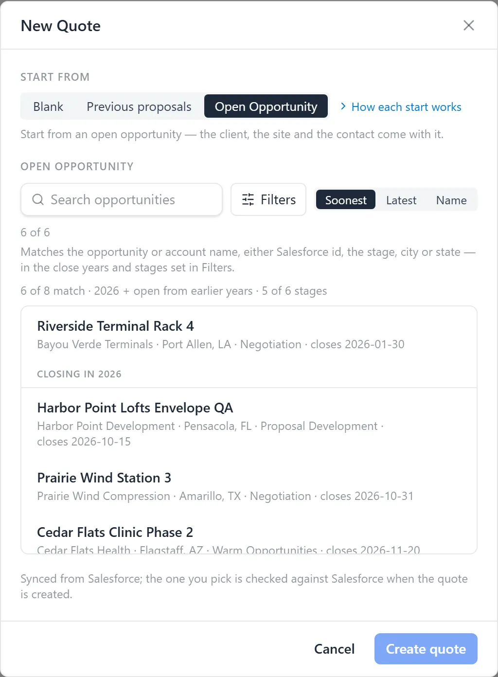 The New Quote dialog on Open Opportunity, with the search box, the sort and the opportunities still open listed by close date