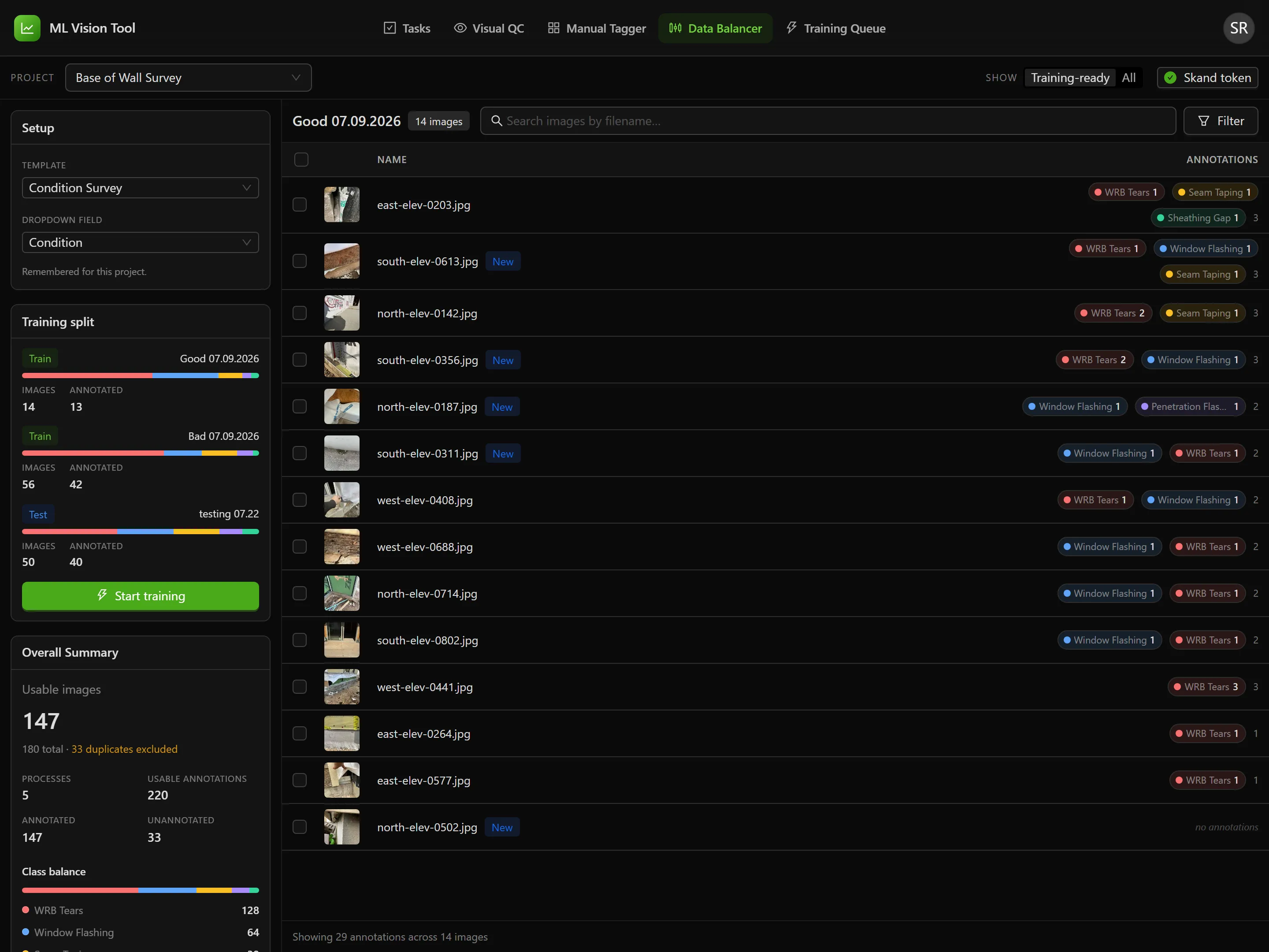 The Data Balancer with a project open, showing the Setup, Training split and Overall Summary cards with a class balance bar down the left, and the selected process’s photos with their class chips filling the list on the right