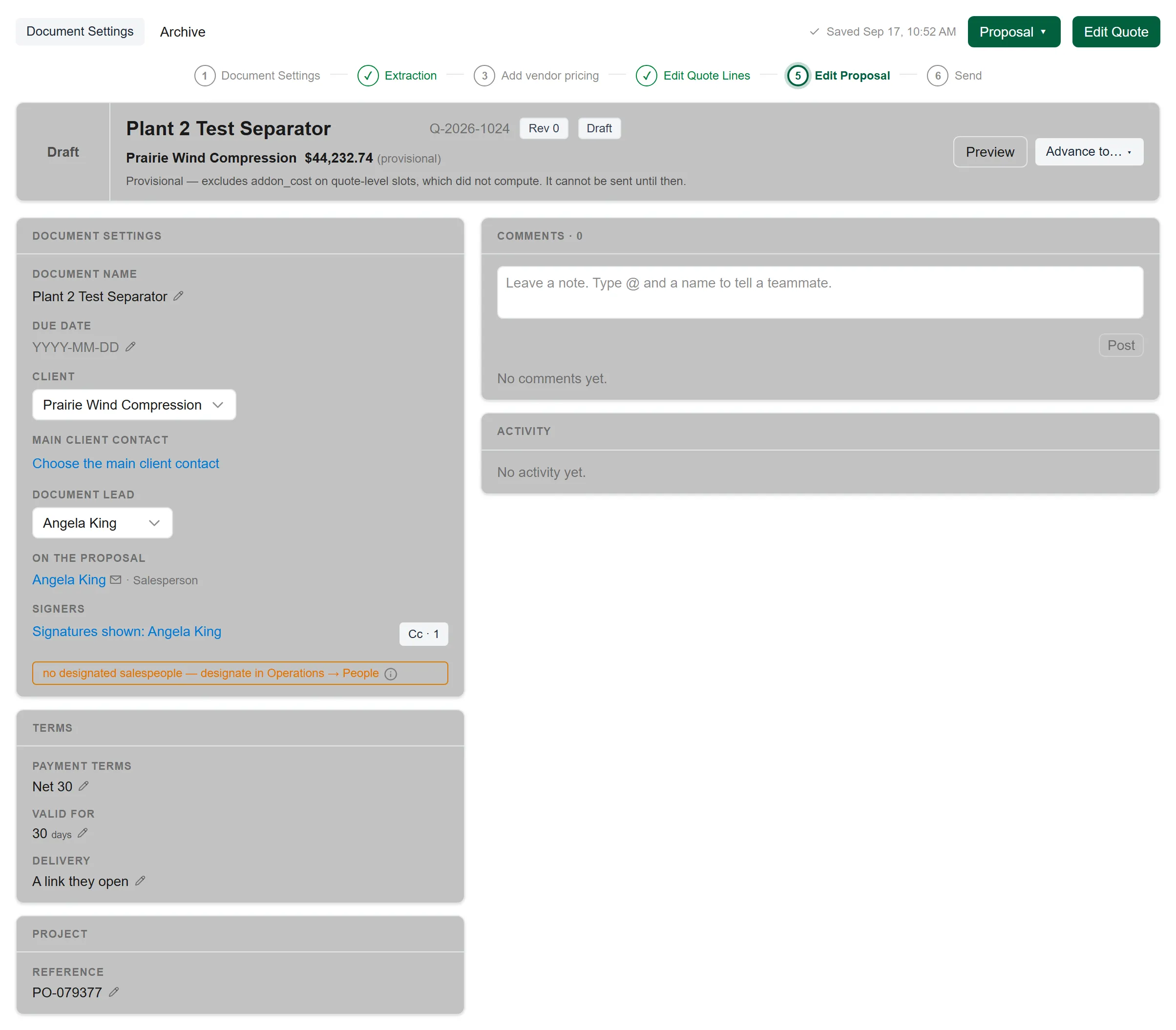 A draft quote’s overview: Document Settings and Archive on the left; the save indicator, Proposal and Edit Quote on the right; the numbered steps; the quote’s name, number, revision, stage, customer and provisional total with Preview and Advance to; the Document Settings card with Document name, Due date, Client, Main client contact, Document lead, On the proposal and Signatures shown; the Terms and Project cards; Comments and Activity on the right