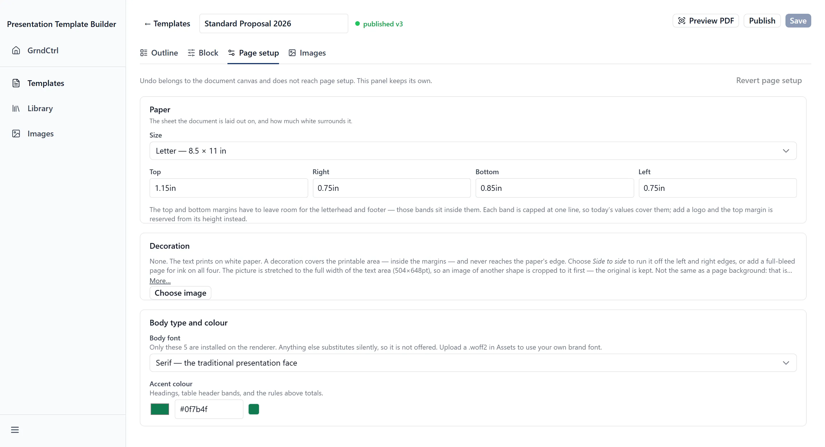 The Page setup tab, with paper size and the four margin fields, the decoration control below them, and the body font and accent colour beneath that