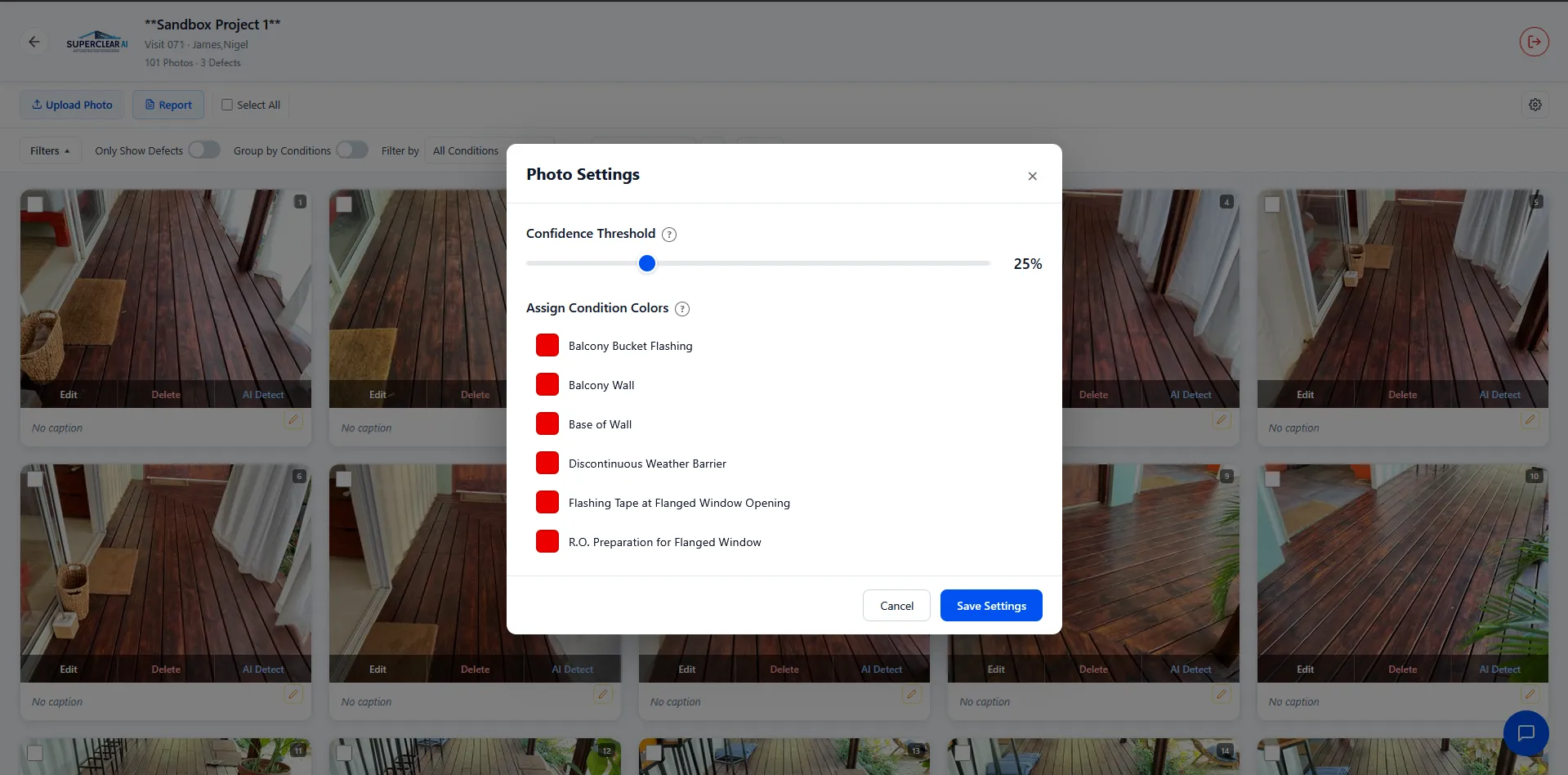 Photo Settings modal with Confidence Threshold slider at 25%