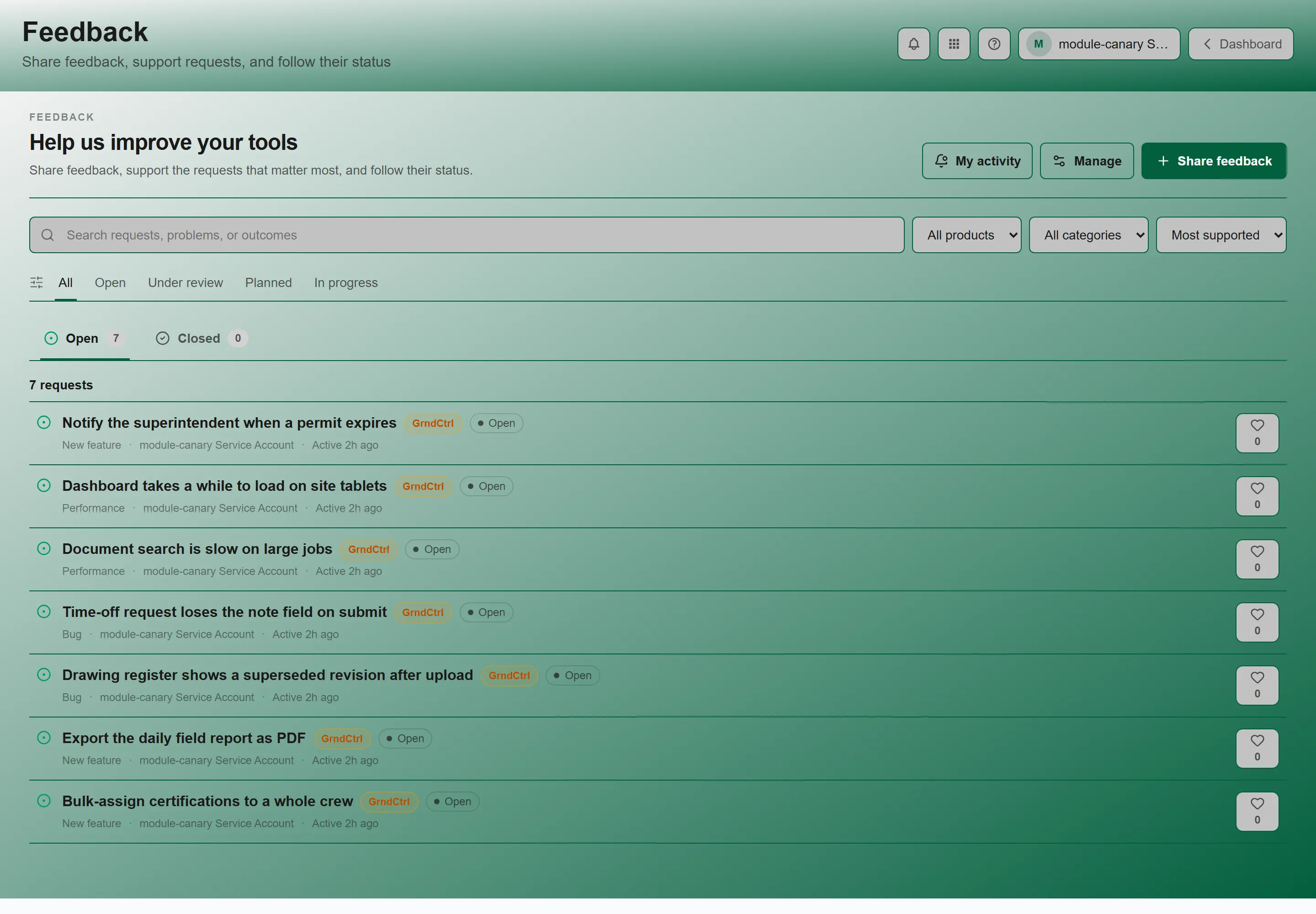 The Feedback portal showing the request list with vote counts and status