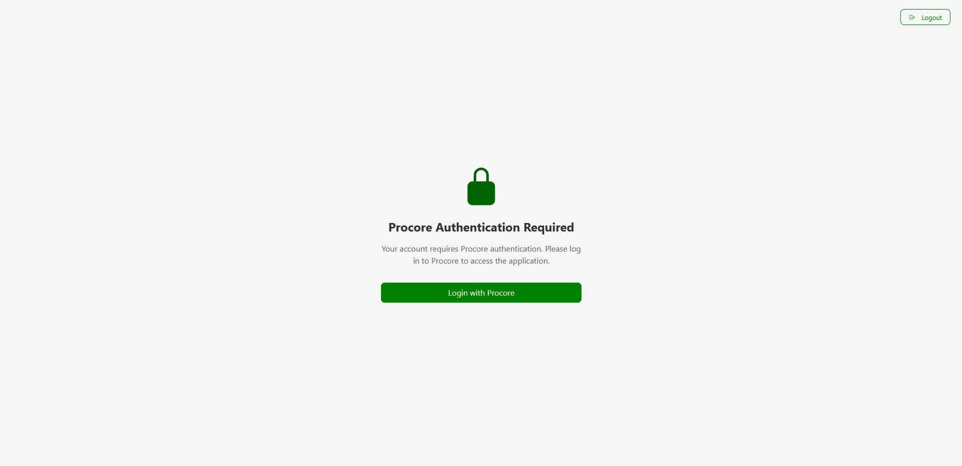 Procore Authentication Required screen with Login with Procore button