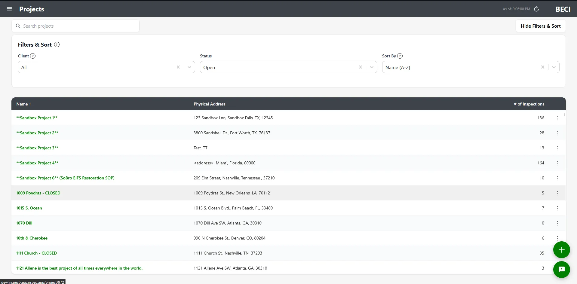 Projects screen with search, filters, project list, and floating action button