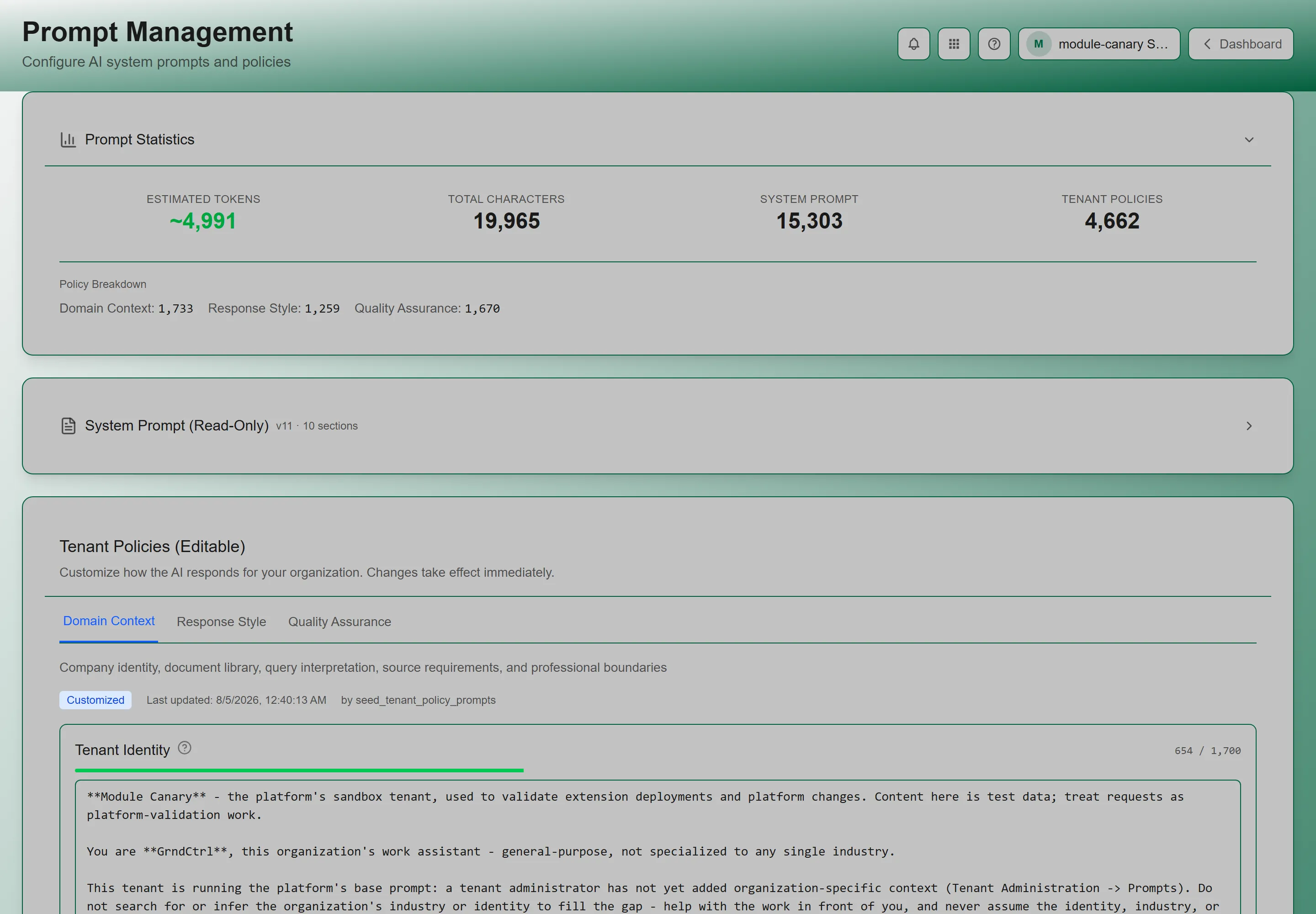 The Prompt Management page, showing prompt statistics and the editable tenant policies