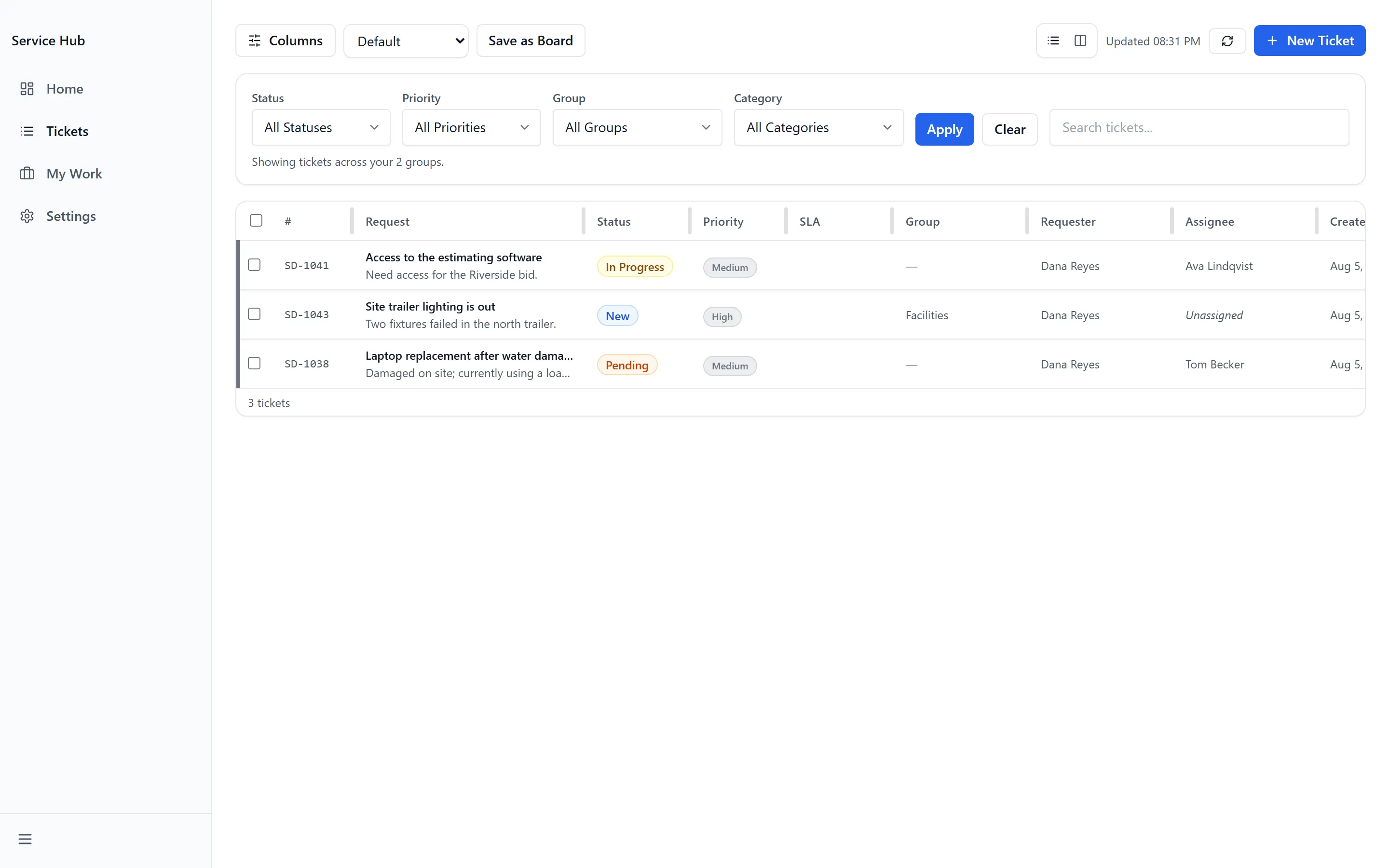 The Service Hub ticket queue with status, priority, group and category filters above a list of open requests