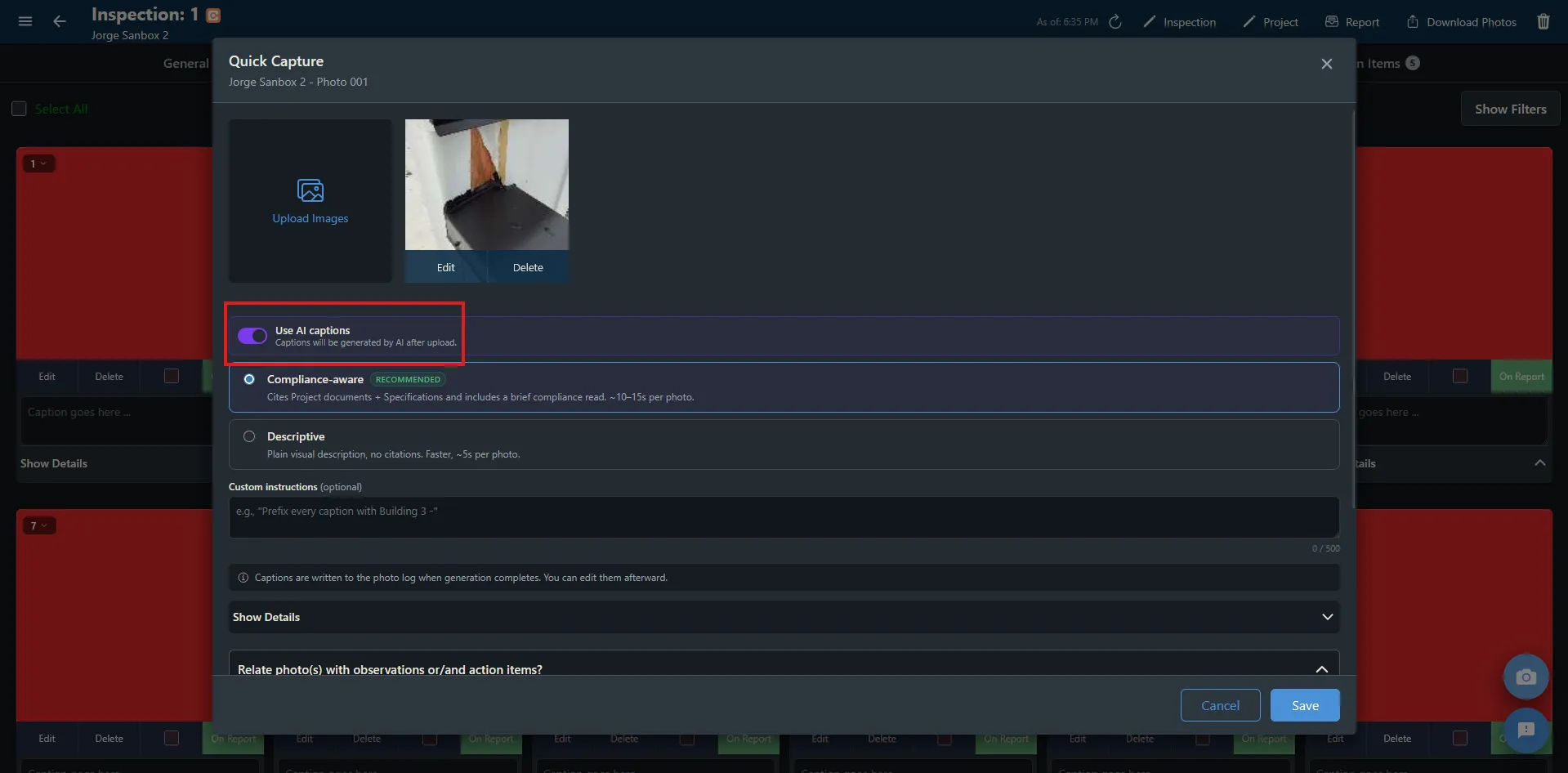 Quick Capture with the Use AI captions toggle on, the Compliance-aware and Descriptive mode picker, and the Custom instructions field