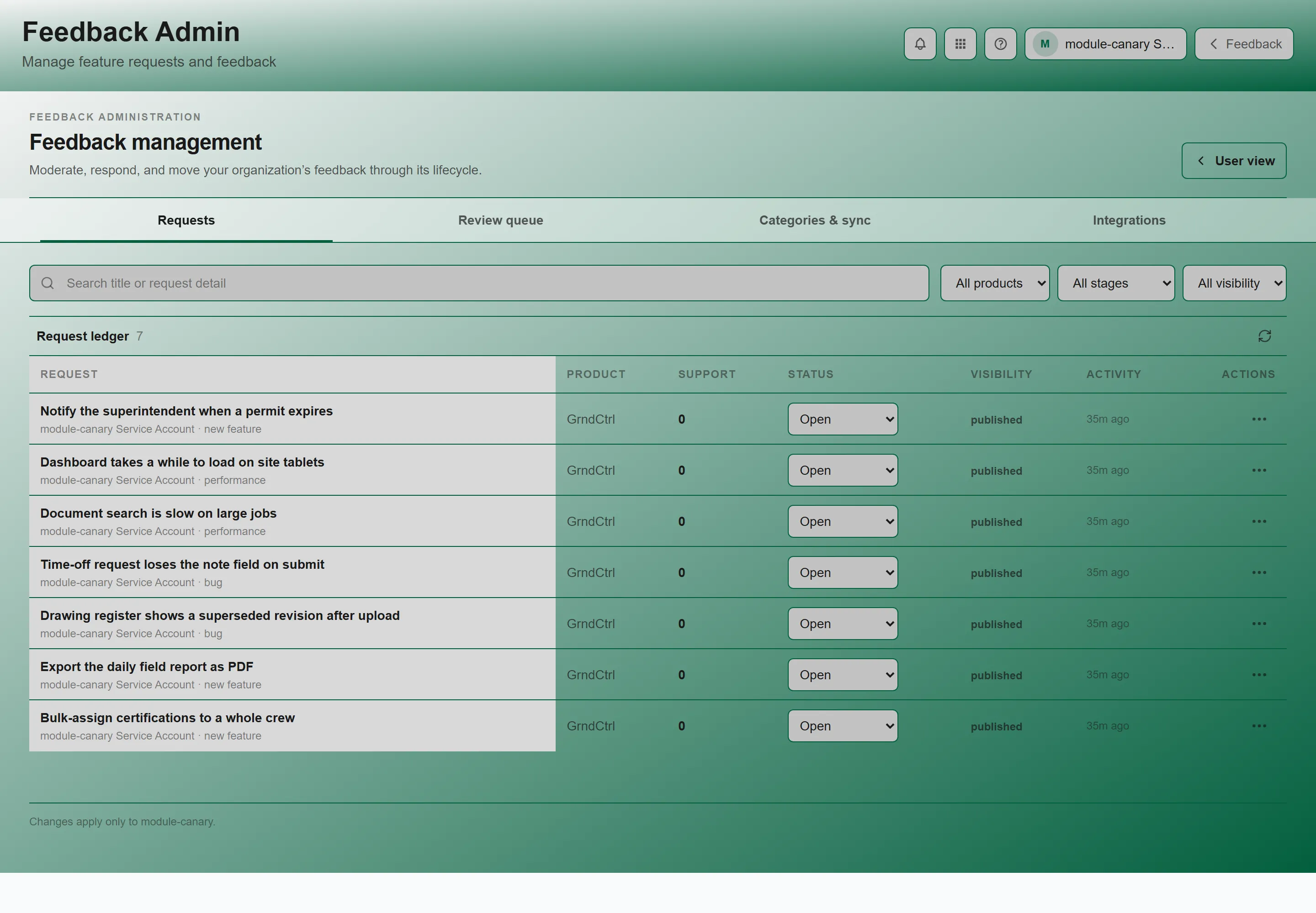 Feedback administration on the Requests ledger, with its filters and search box