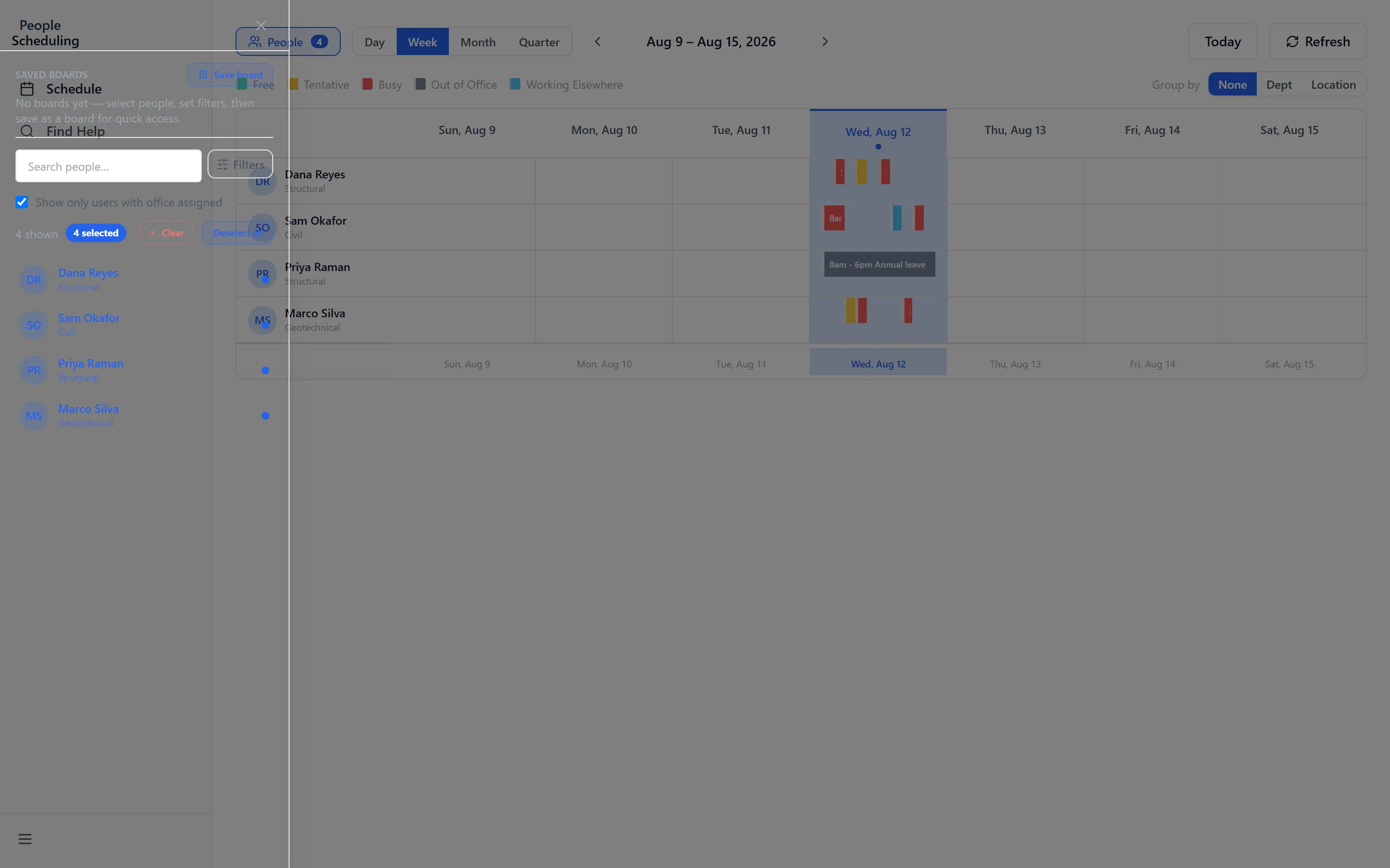 The Scheduling availability grid for four colleagues across a week, colour-coded free, busy, tentative, out of office and working elsewhere