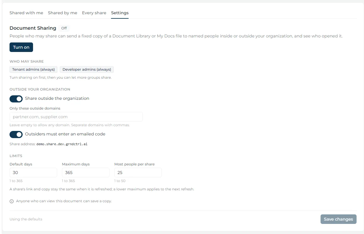 Document Sharing settings with sharing off: the Turn on button, who may share, and the outside-sharing and limits policy