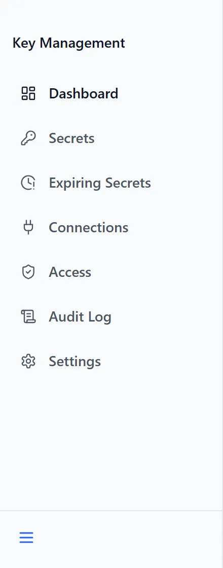 The Key Management sidebar expanded, listing Dashboard, Secrets, Expiring Secrets, Connections, Access, Audit Log and Settings