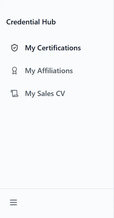 The Credential Hub sidebar as an employee sees it, with My Certifications, My Affiliations and My Sales CV