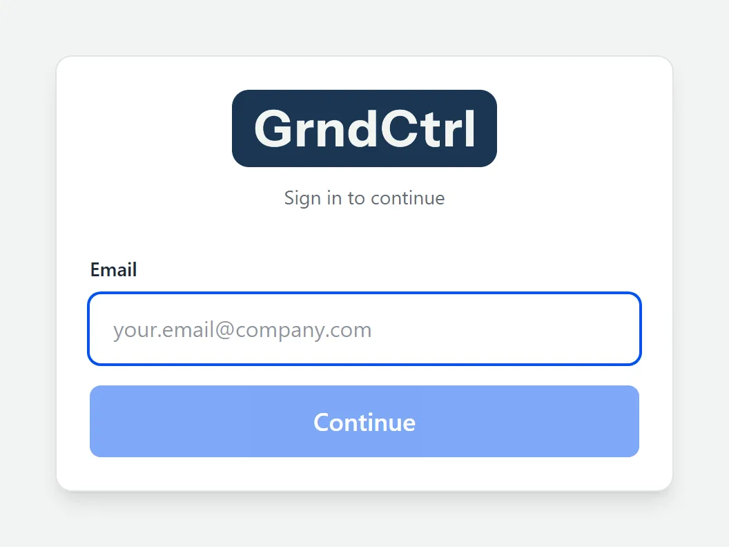 The GrndCtrl sign-in page on its first step, showing a single Email field and a Continue button