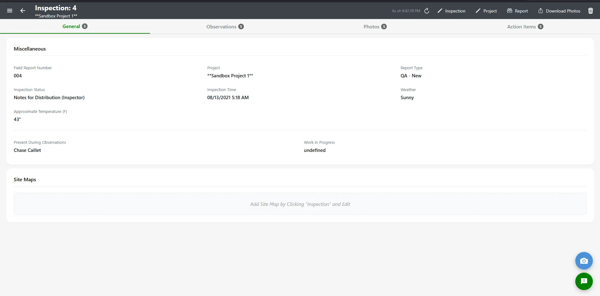 Single Inspection screen with header, tab bar, and tab content