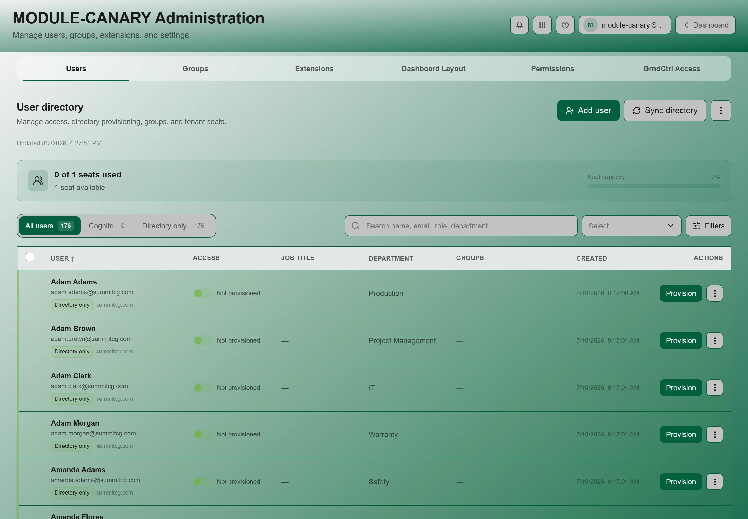 Tenant Administration showing its six tabs above the user directory table