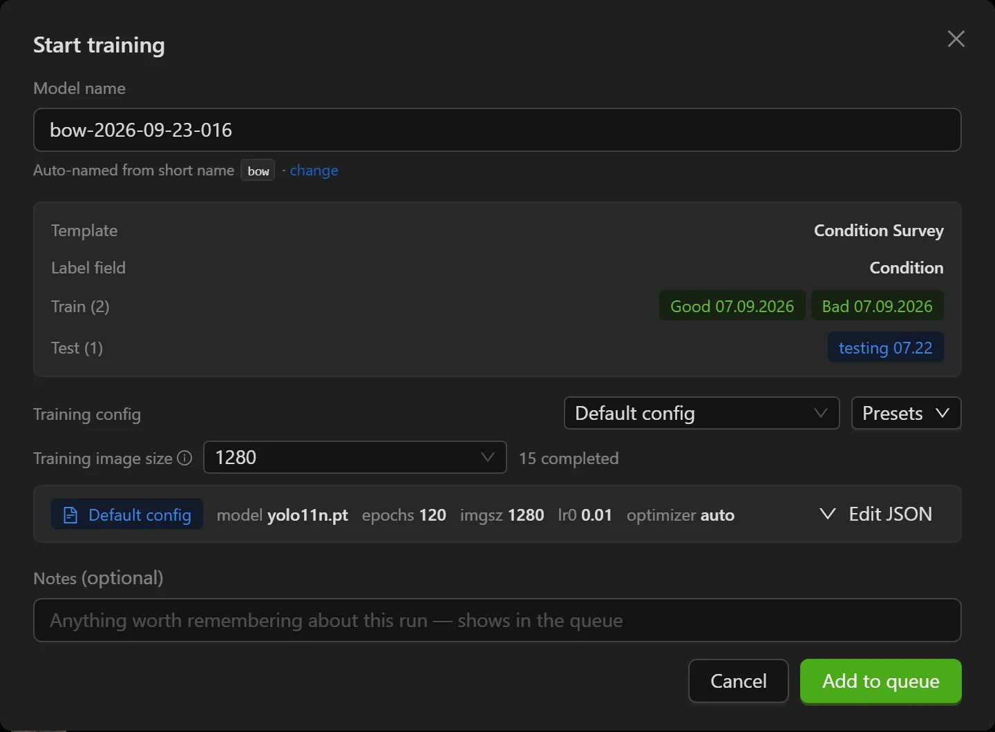 The Start training dialog, with the model name, the template and label field, the assigned train and test processes as chips, the training config summary and image size picker, and the Add to queue button