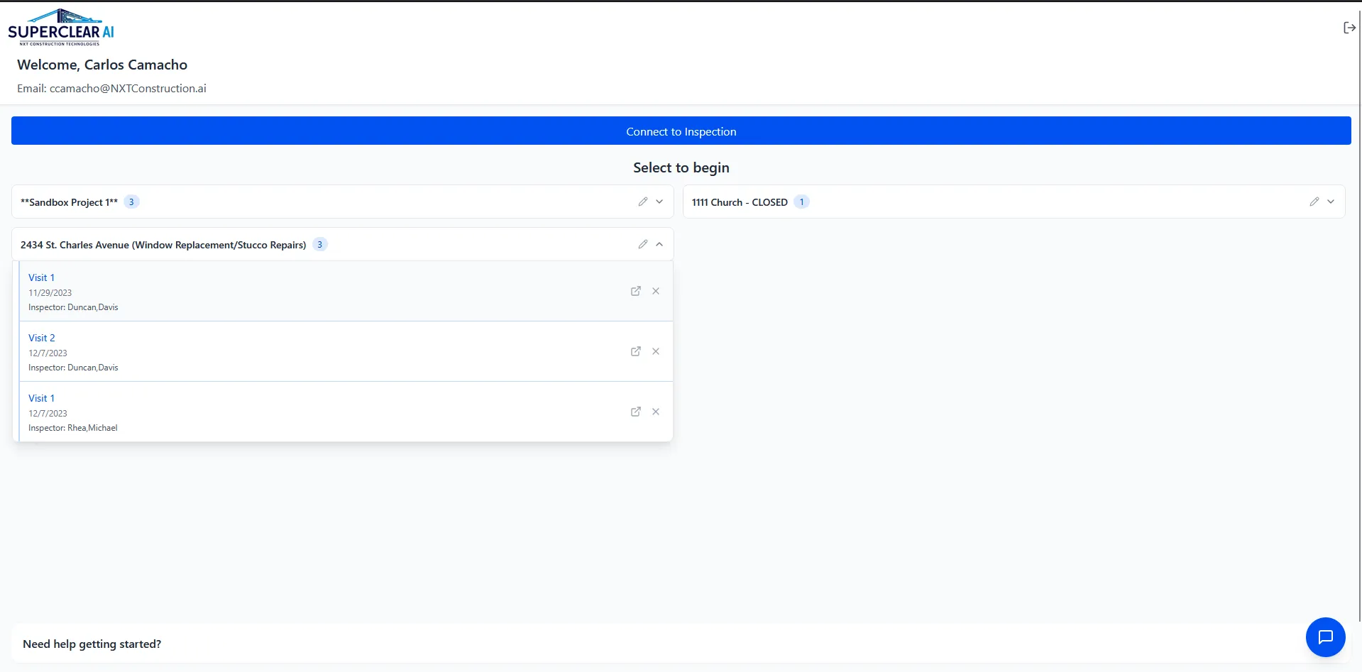 SuperClear AI dashboard with multiple project groups and inspection cards expanded