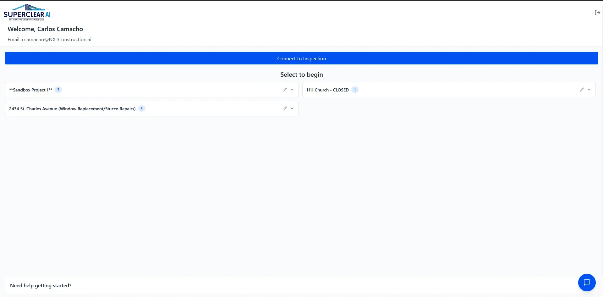 SuperClear AI dashboard with welcome banner, Connect to Inspection button, and project groups