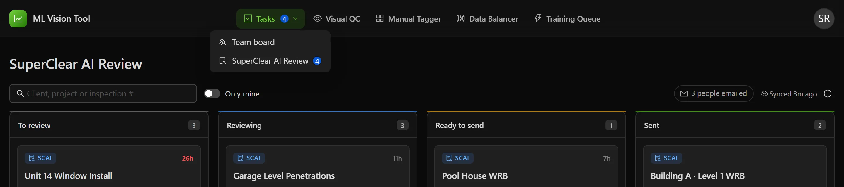 The Tasks menu open in the top navigation bar, offering Team board and SuperClear AI Review, each with a count of waiting work