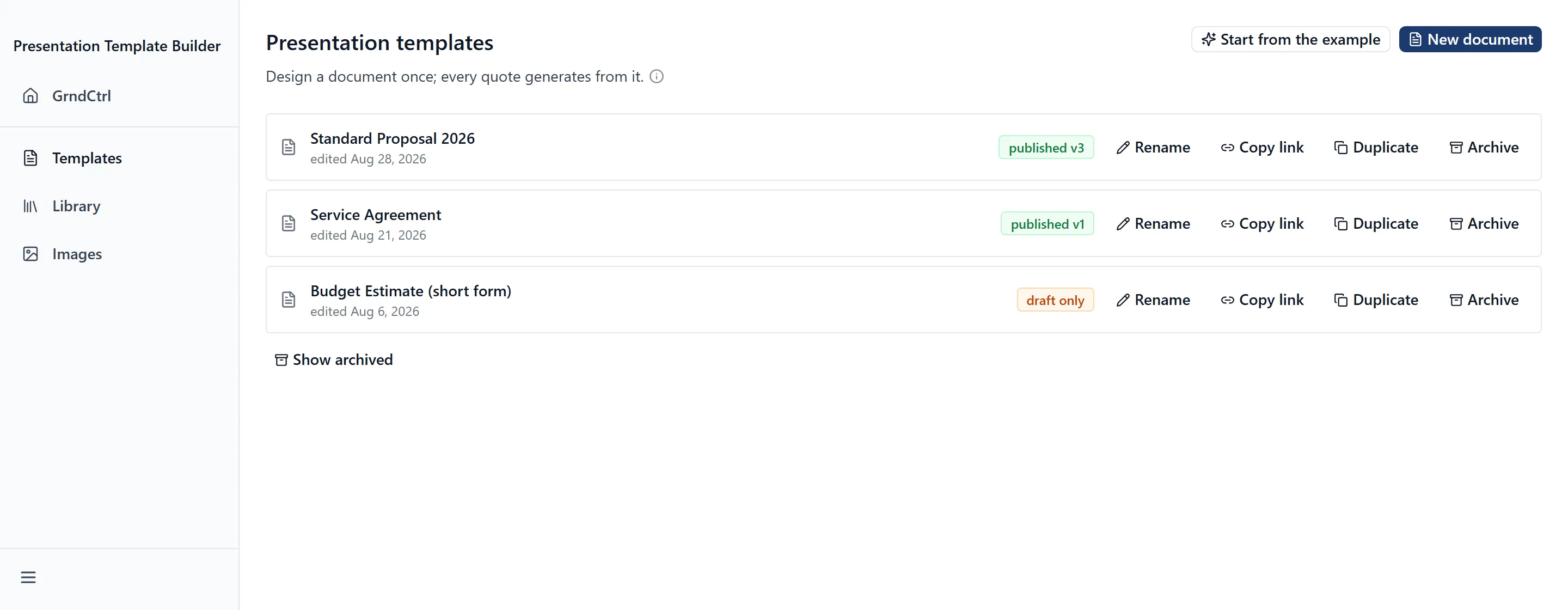 Templates, Library and Images in the sidebar, beside a list of templates carrying published and draft-only badges