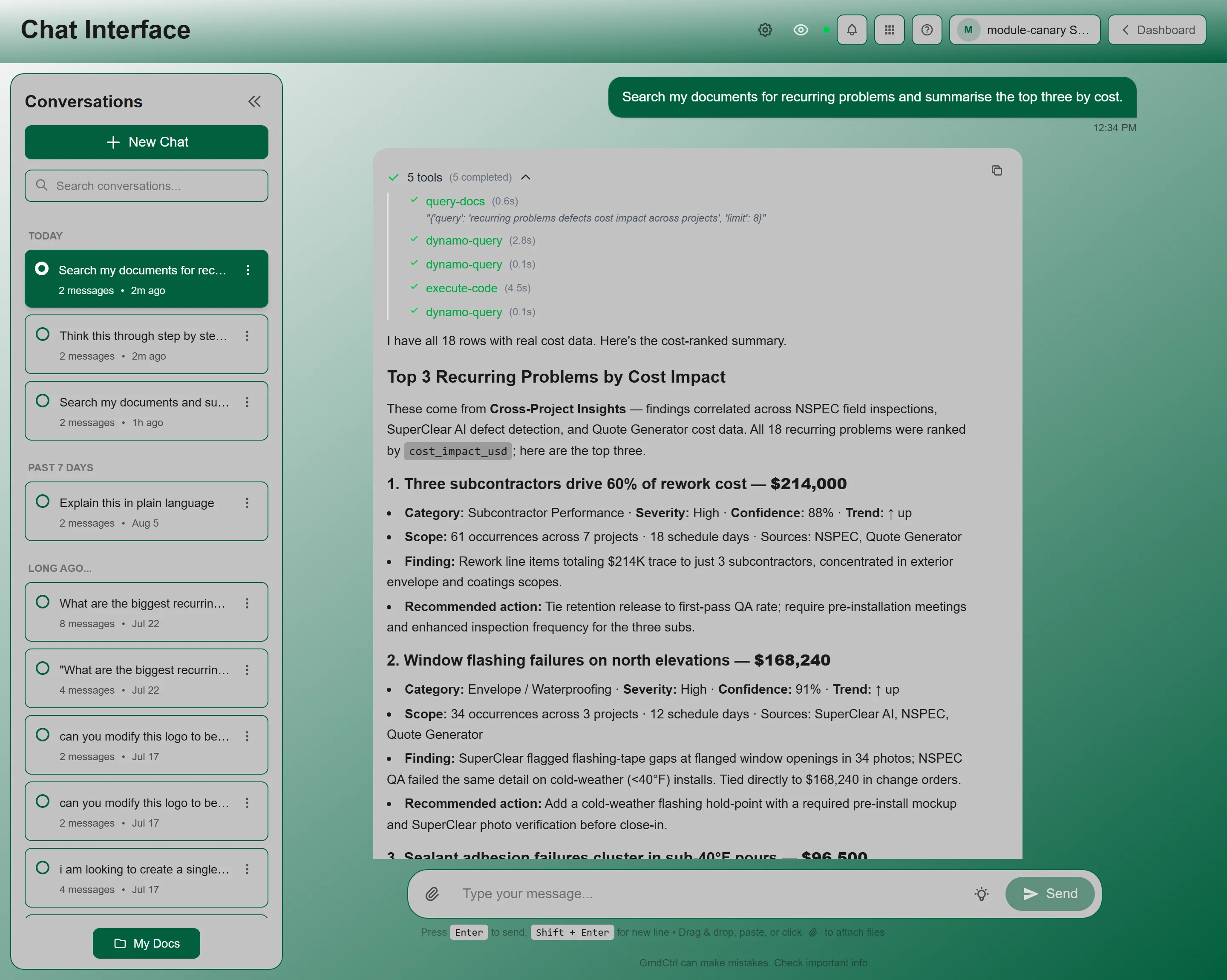 An AI response with its tool indicator expanded, showing each tool called and how long it took